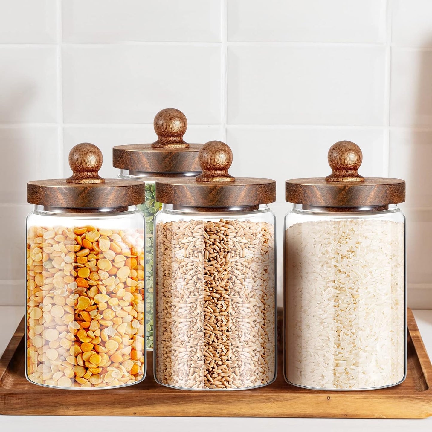 4 Pcs 32 oz Glass Food Storage Jar with Acacia Wood Lids Airtight Sealed Clear Glass Canisters Air Tight Glass Container Jar for Coffee Beans Nuts Loose Leaf Tea Sugar Spice Candy Rice Pasta
