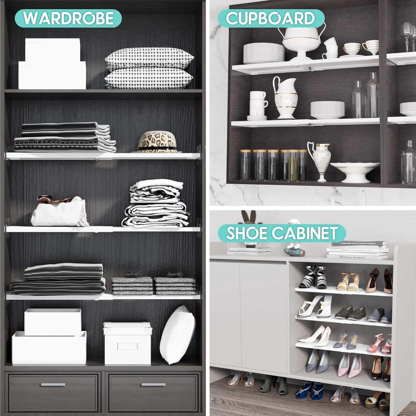 2Pack Expandable Closet Tension Shelves Organizers, Heavy-Duty Metal Tension Shelf
