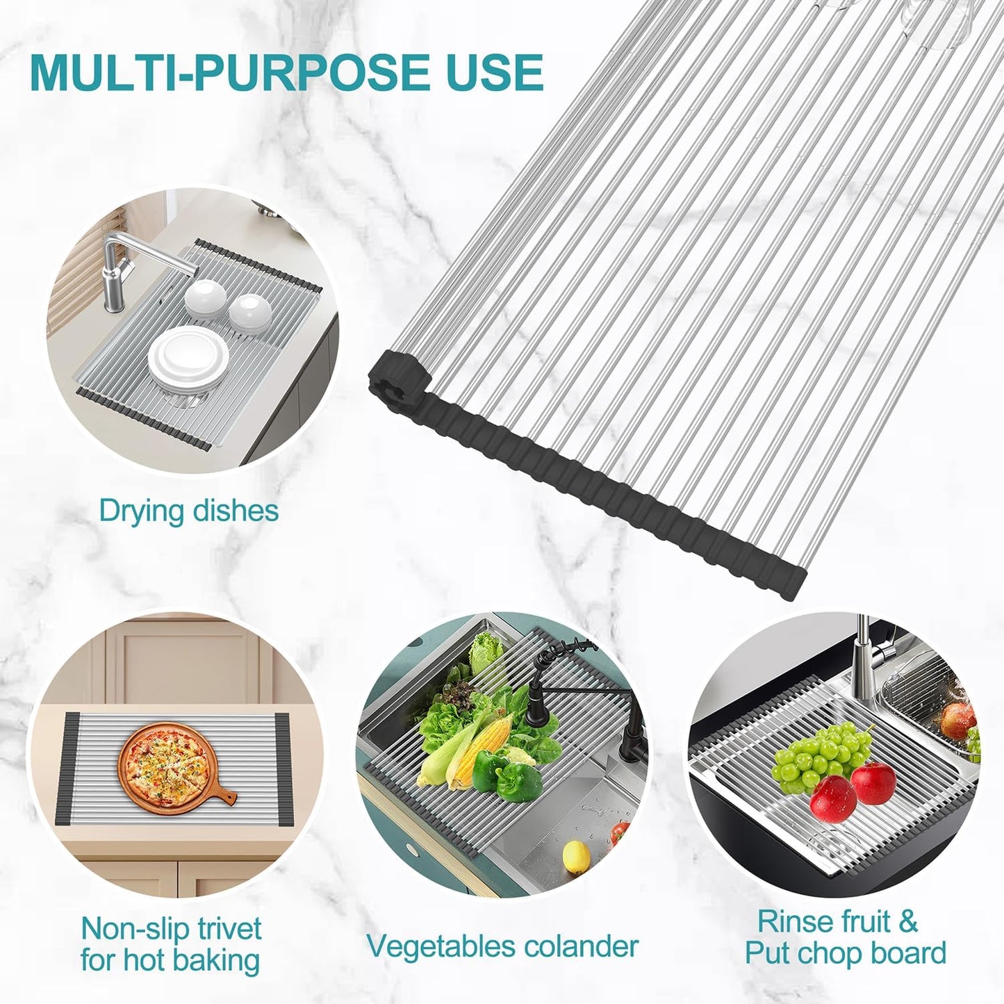 Extra Large Expandable Roll Up Dish Drying Rack,Over The Sink Drying Rack Sink Cover Kitchen Sink Accessories Kitchen Rolling up Stainless Steel Drainer, Foldable,Rollable(Black,22.8''-17.3'')
