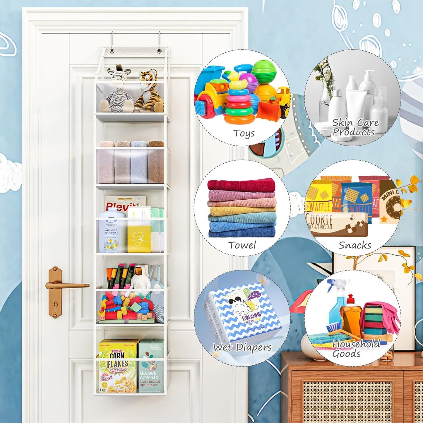 5-Shelf Over The Door Hanging Pantry Organizer, Room Organizer with Clear Plastic Pockets