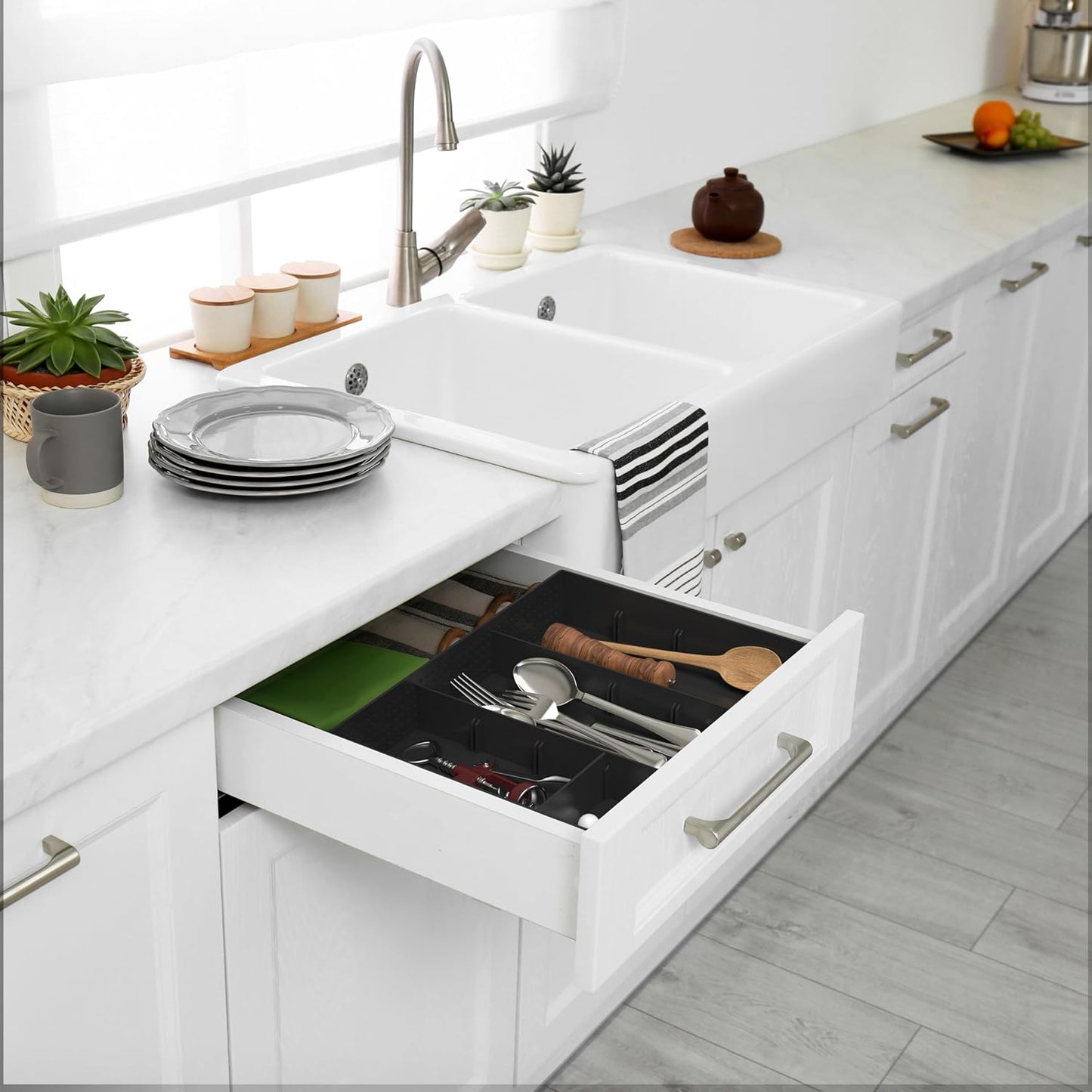 Drawer Organizer Tray with 9 Adjustable Compartments, 2 Packs, Black