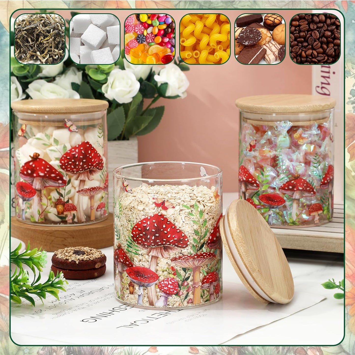 3Pcs Mushroom Forest Glass Storage Jars with Airtight Lid Fern Butterfly Decorative Sugar Canisters Sets for Cookie Spice Home Kitchen Organizers Countertop
