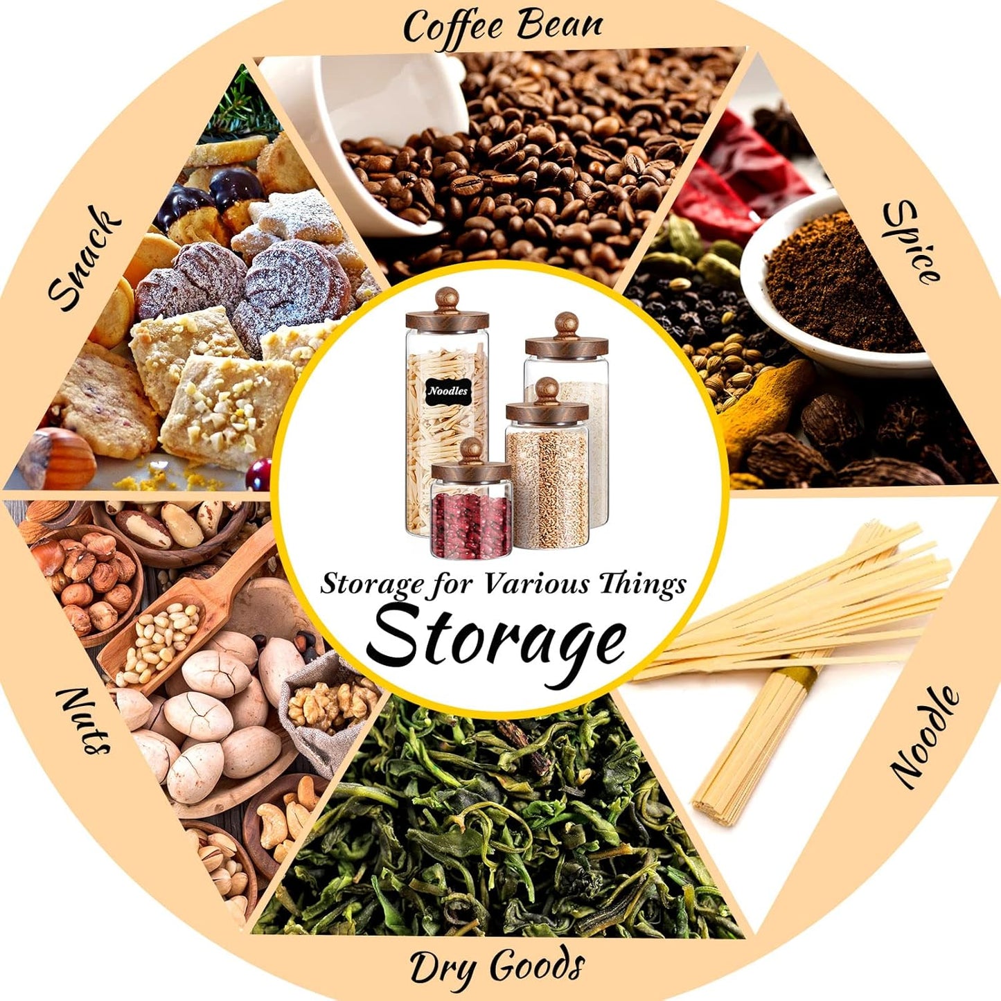 Glass Storage Jars Set of 4, Clear Food Storage Containers with Wooden Lids Airtight Kitchen Canisters with Sticker and Chalk for Candy Cookie Rice Sugar Flour Pasta Nuts Beans Spice, 4 Sizes