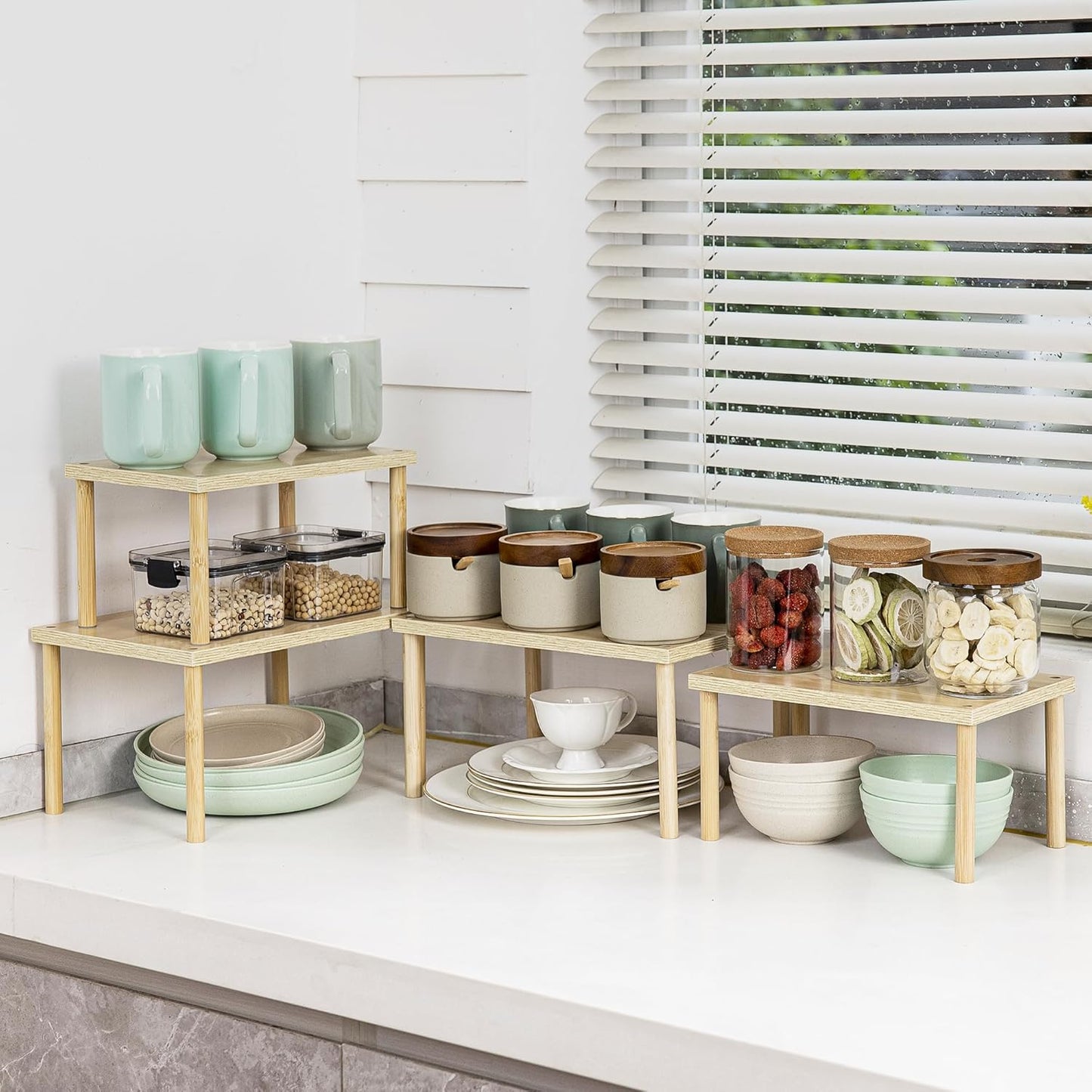 Wood Cabinet Organizer Shelf, Set of 4 Kitchen Counter Shelves