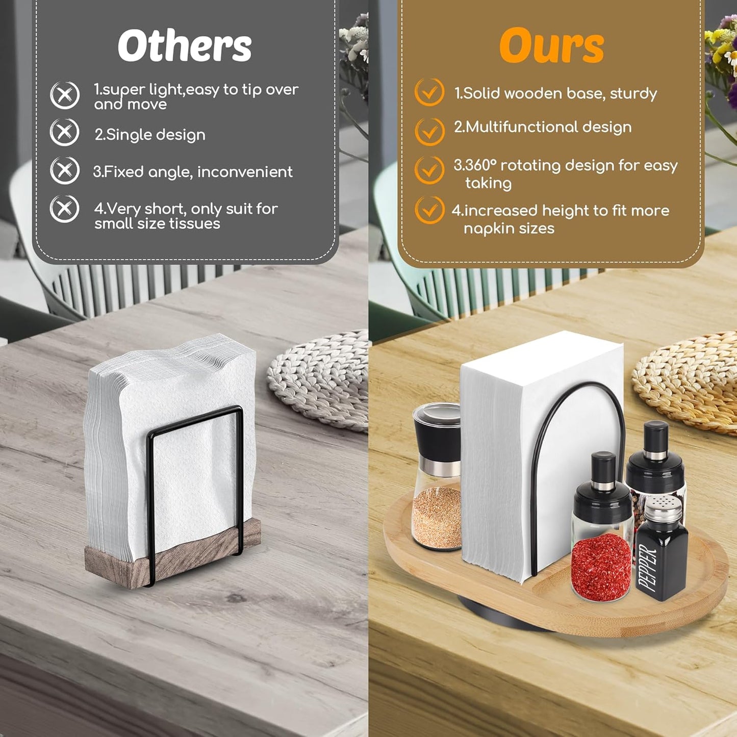 Rotating Napkin Holder for Table with Built-In Space for Salt and Pepper Shakers