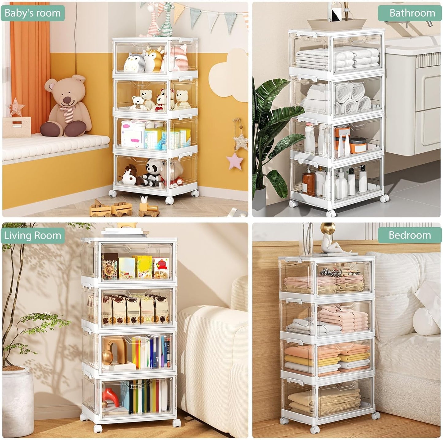 Clear Storage Bins with Lids - 4 Tier Plastic Bins with Wheels, Stackable Storage Bin