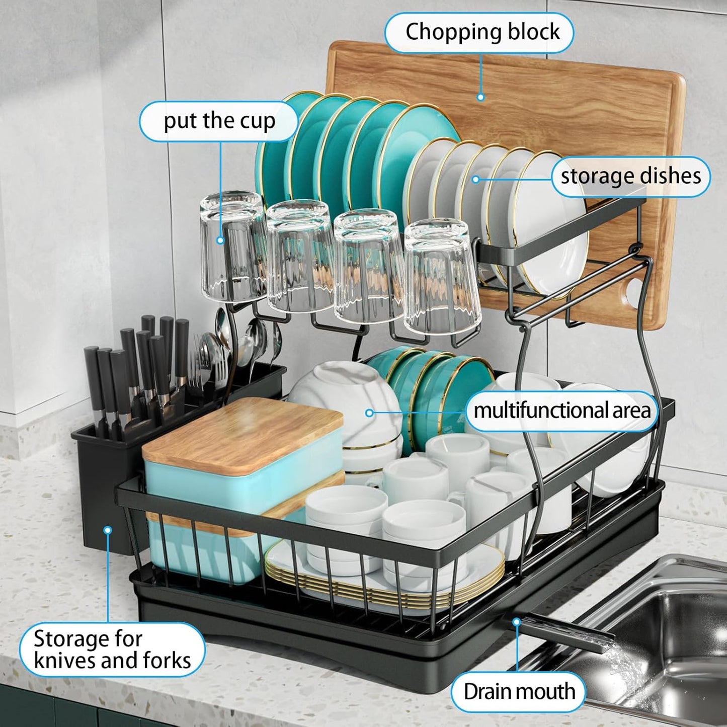 Large Dish Drying Rack for Kitchen Counter, Detachable Large Capacity Dish Drainer Organizer