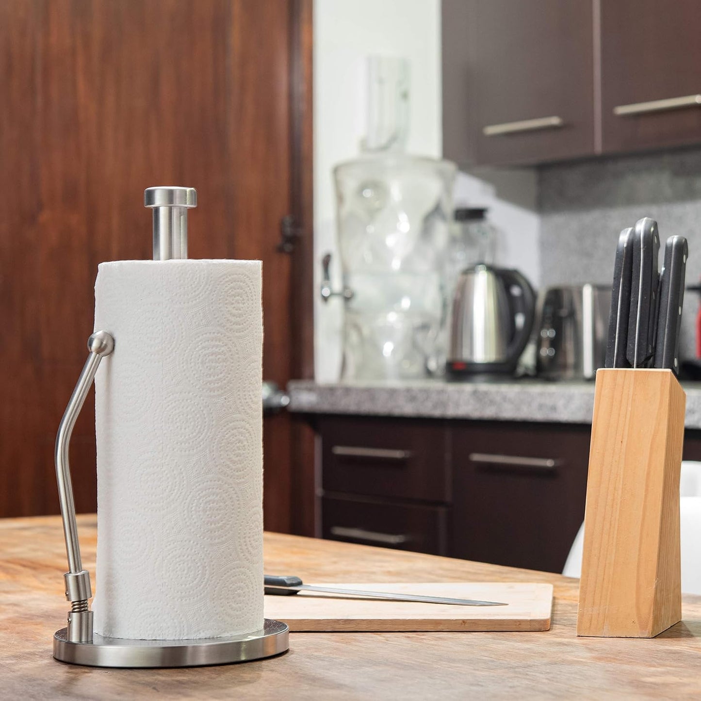Stainless Steel Paper Towel Holder with Tension Arm – Weighted Countertop Stand, One-Hand Tear