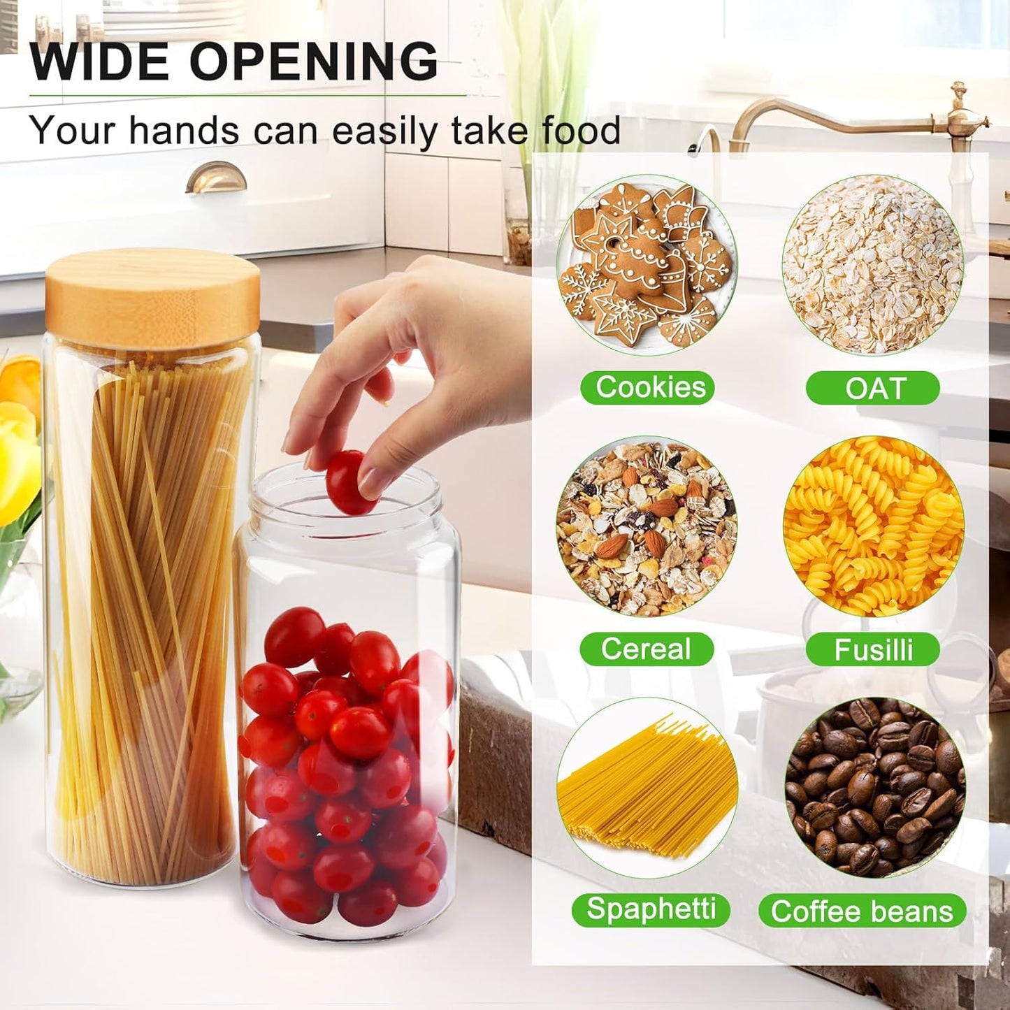 Airtight Glass Jar with Lid, Glass Storage Containers with Screw On Bamboo Lids, for Cookie, Pasta