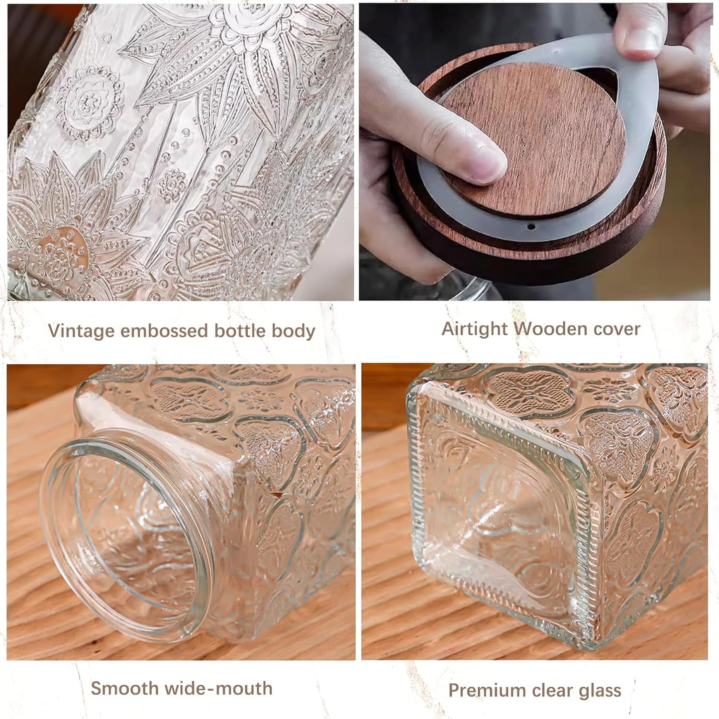 Glass Storage Jars With Airtight Lid, 35oz Container For Kitchen Counter with Wood Lid