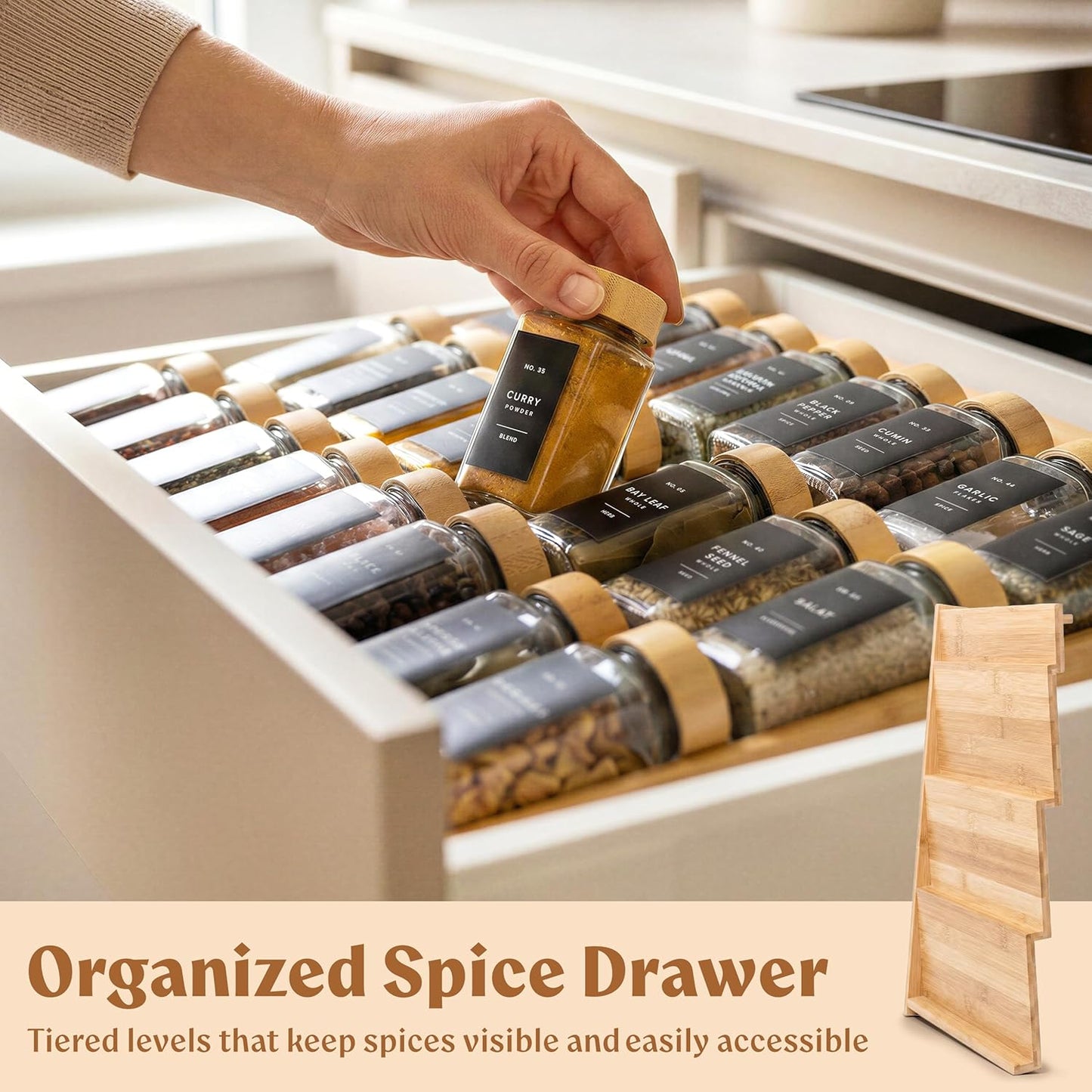 Bamboo Spice Drawer Organizer - Expandable 4 Tier Spice Rack (Need 3" Deep Drawer) 12" to 24" Wide