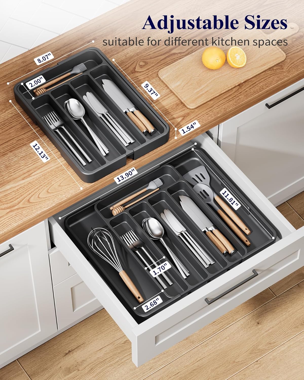Cutlery Drawer Organiser for Kitchen - Adjustable Cutlery Tray for Effortless Utensil Sorting