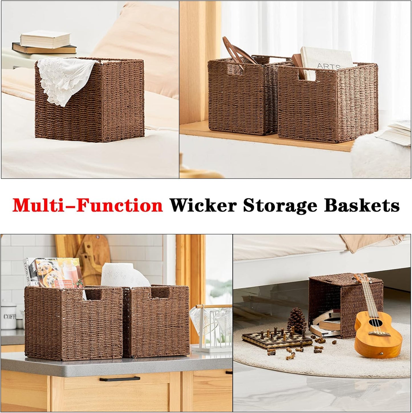Wicker Storage Basket, Set of 2 Hand-Woven Storage Baskets for Shelves with Handles