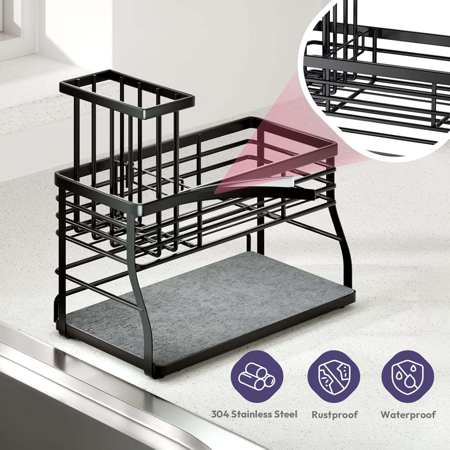Sponge Holder for Kitchen Sink - 2 Tier Rustproof Sink Caddy with Instant Drying Stone