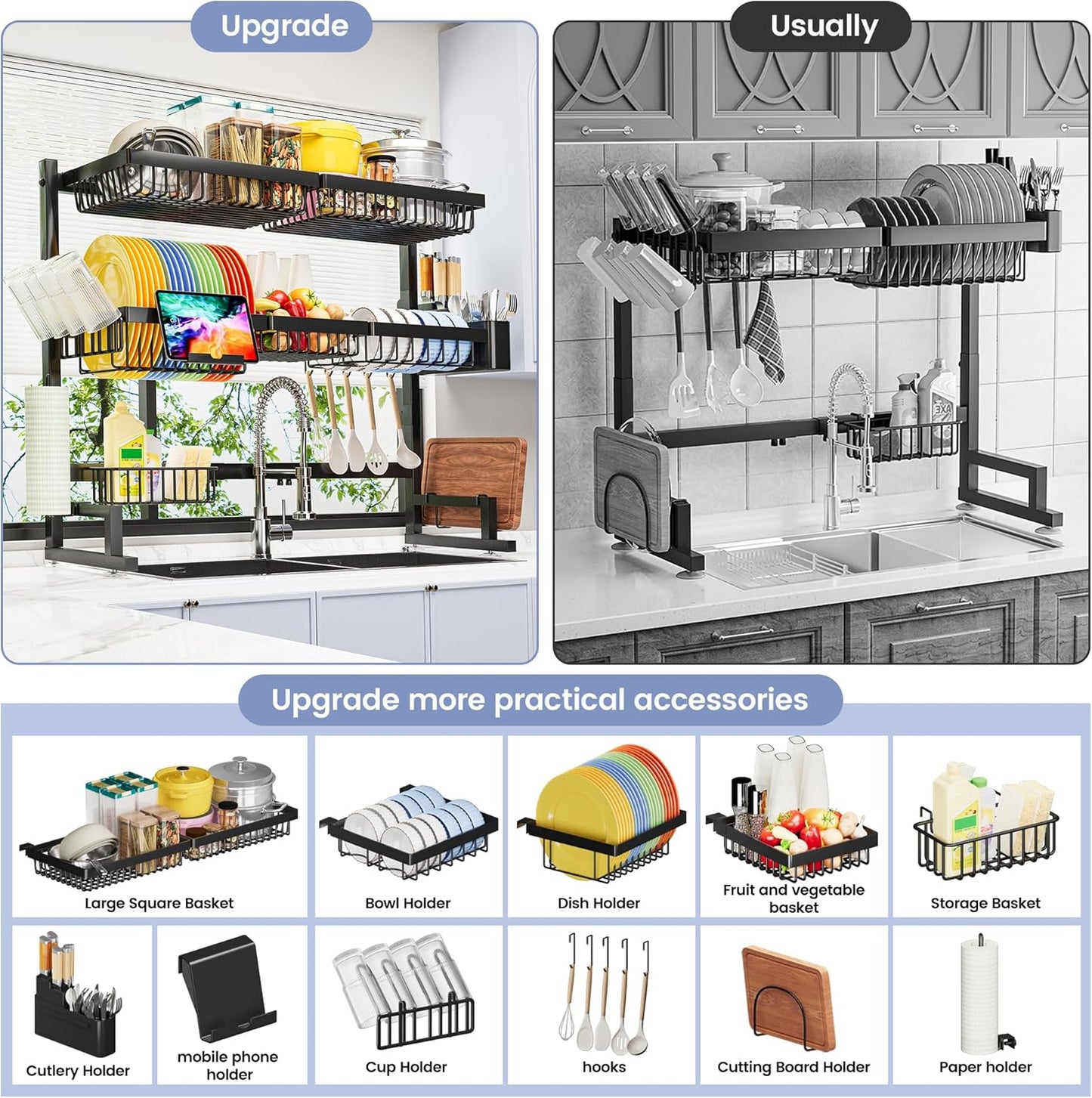Over The Sink Dish Drying Rack (Expandable Height and Length) Snap-On Design 2 Tier Large Dish Rack 31-39.4L x 12W x 34-38H inches