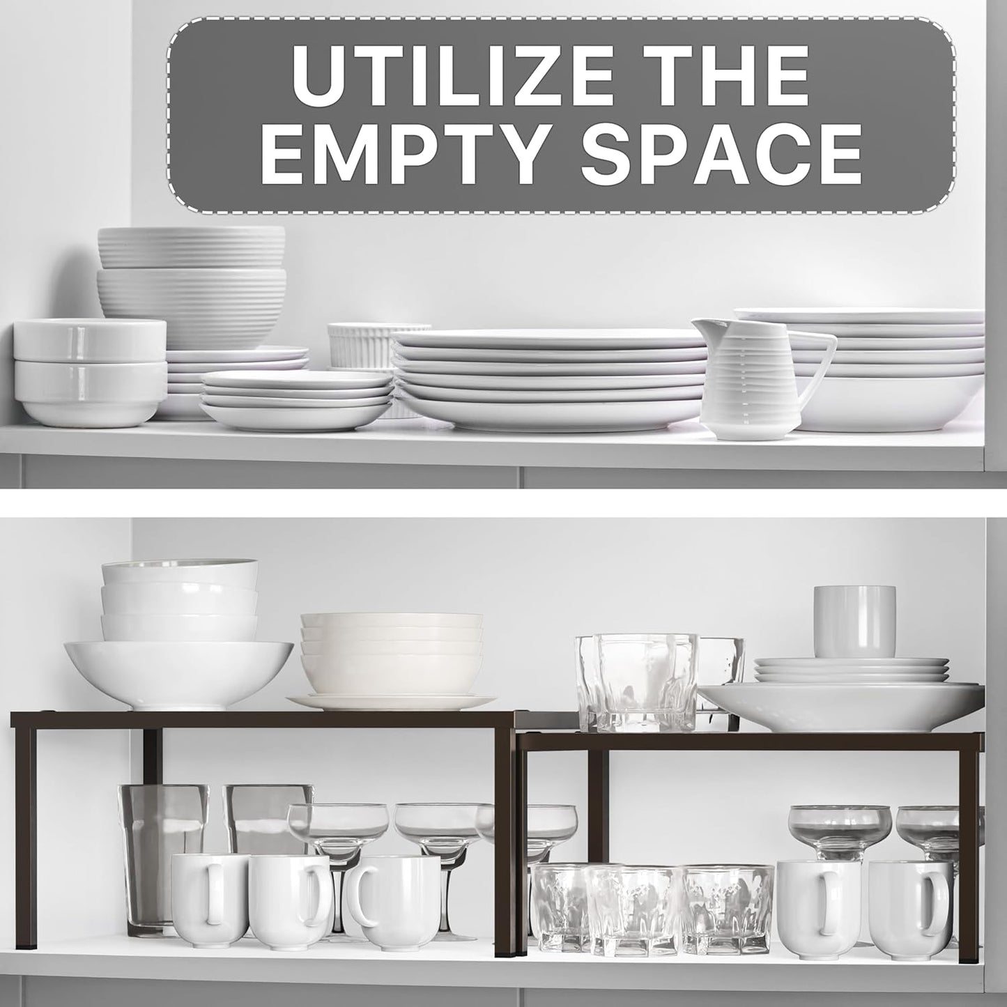 Expandable Stackable Cabinet and Counter Shelf Organizer with Steel Surface