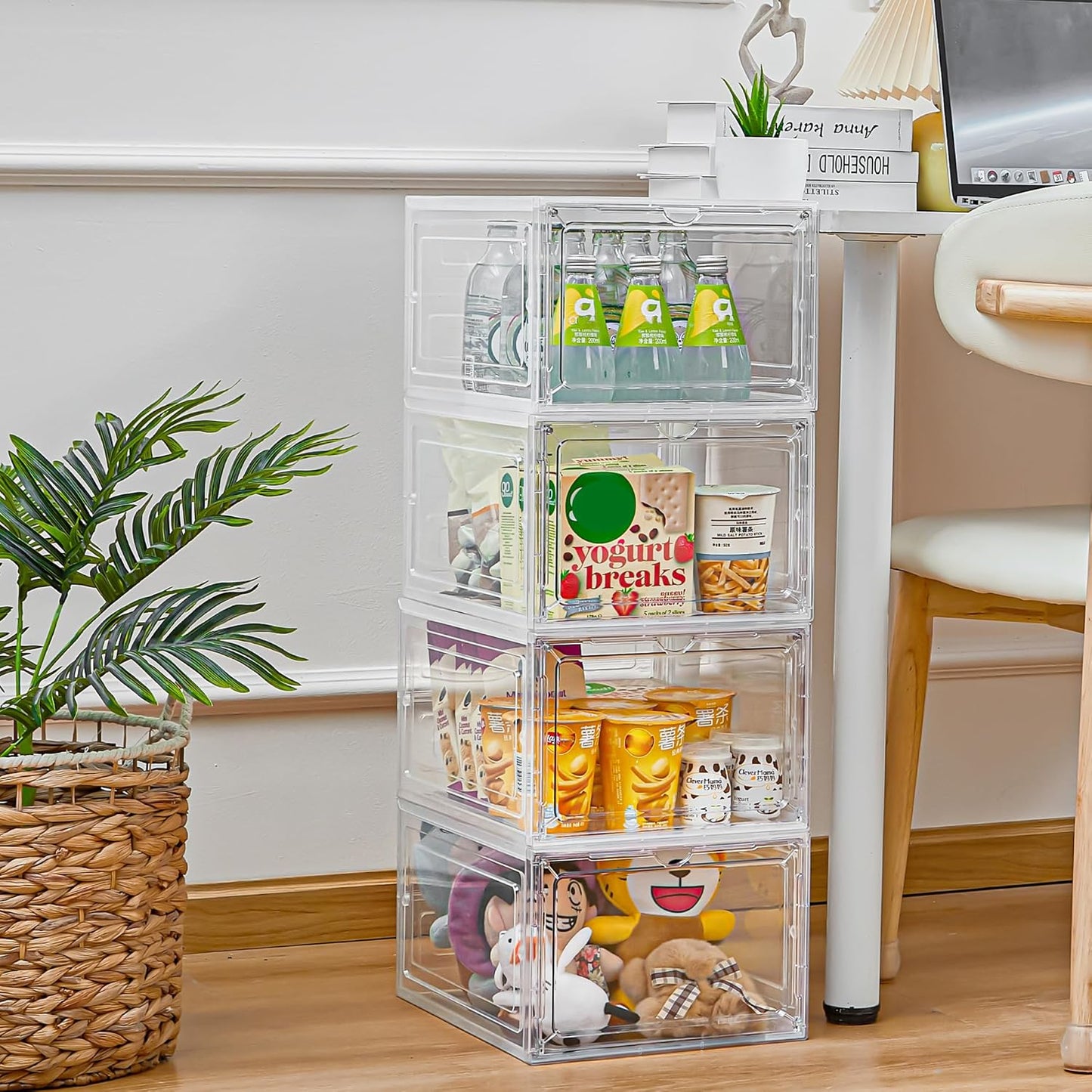 Storage Bins with Lids, 6 Pack Clear Plastic Storage Containers with Magnetic Acrylic Door