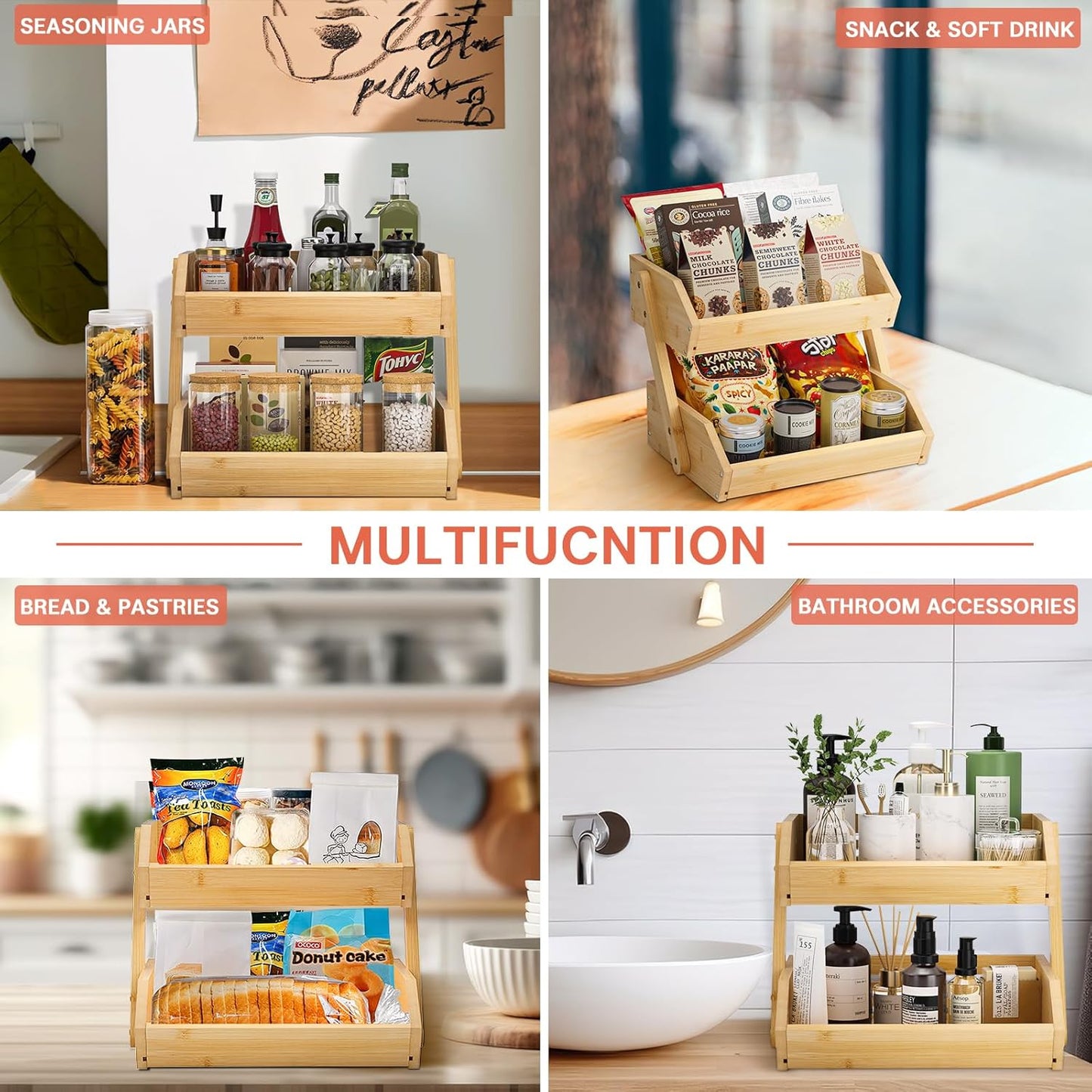 Large Bamboo Fruit Basket, 2-Tier Fruit Bowl for Kitchen Counter