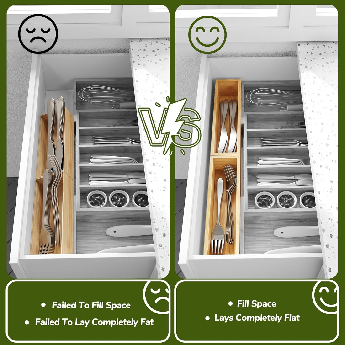 Kitchen Drawer Organizer,Small Silverware Drawer Organizer,Bamboo Utensil Organizer for Bathroom