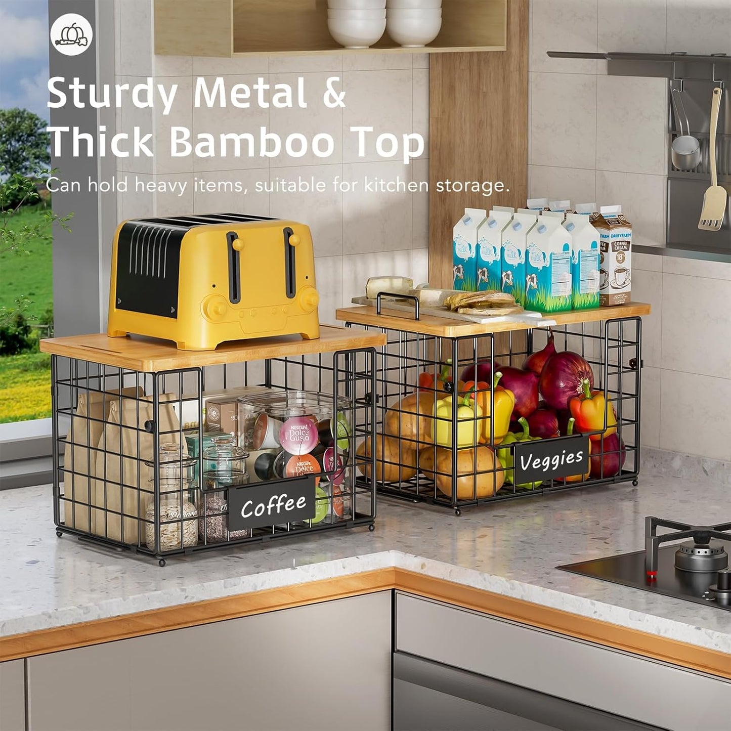 2 Set XL Stackable Wire Baskets with Bamboo Top- Pantry Organizers and Storage