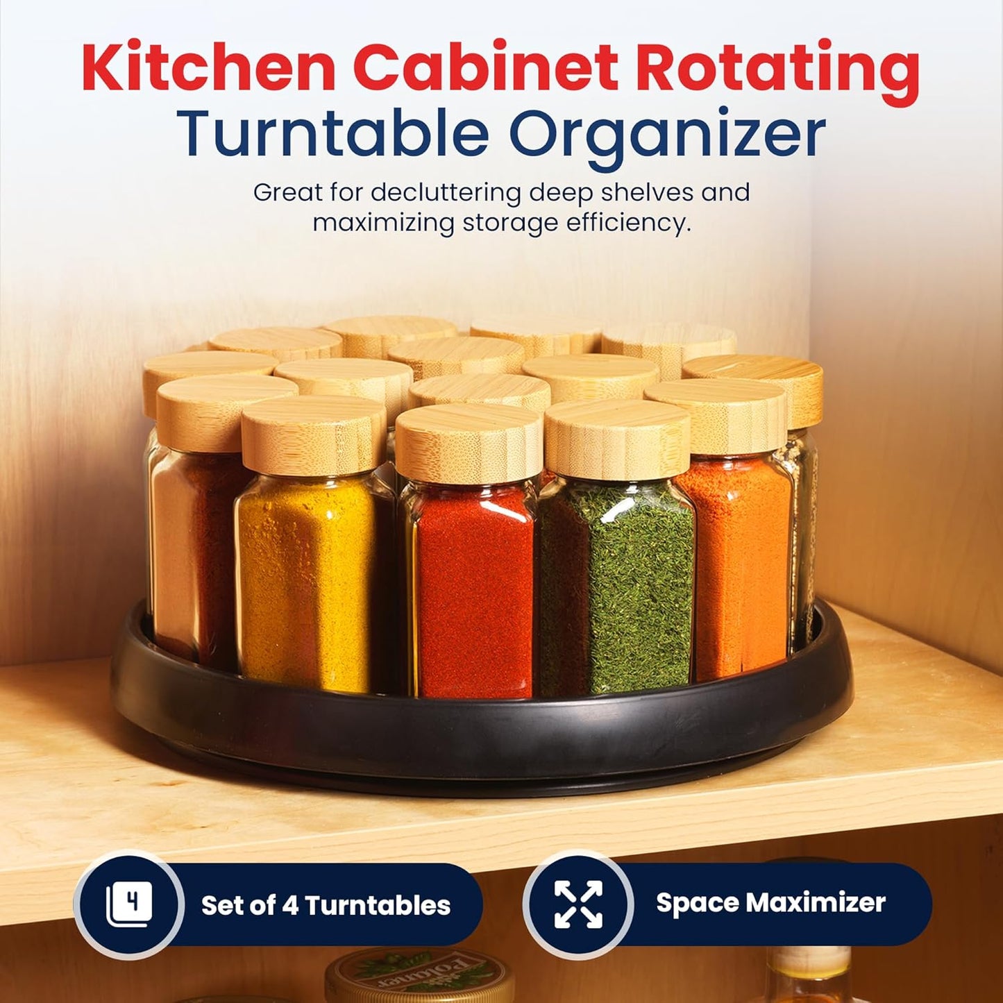 10 Inch Lazy Susan (Set of 4) - Non-Skid Turntable for Cabinet to Maximize Storage and Simplify Accessibility in Kitchen, Bathroom, and Pantry Spaces (Black)