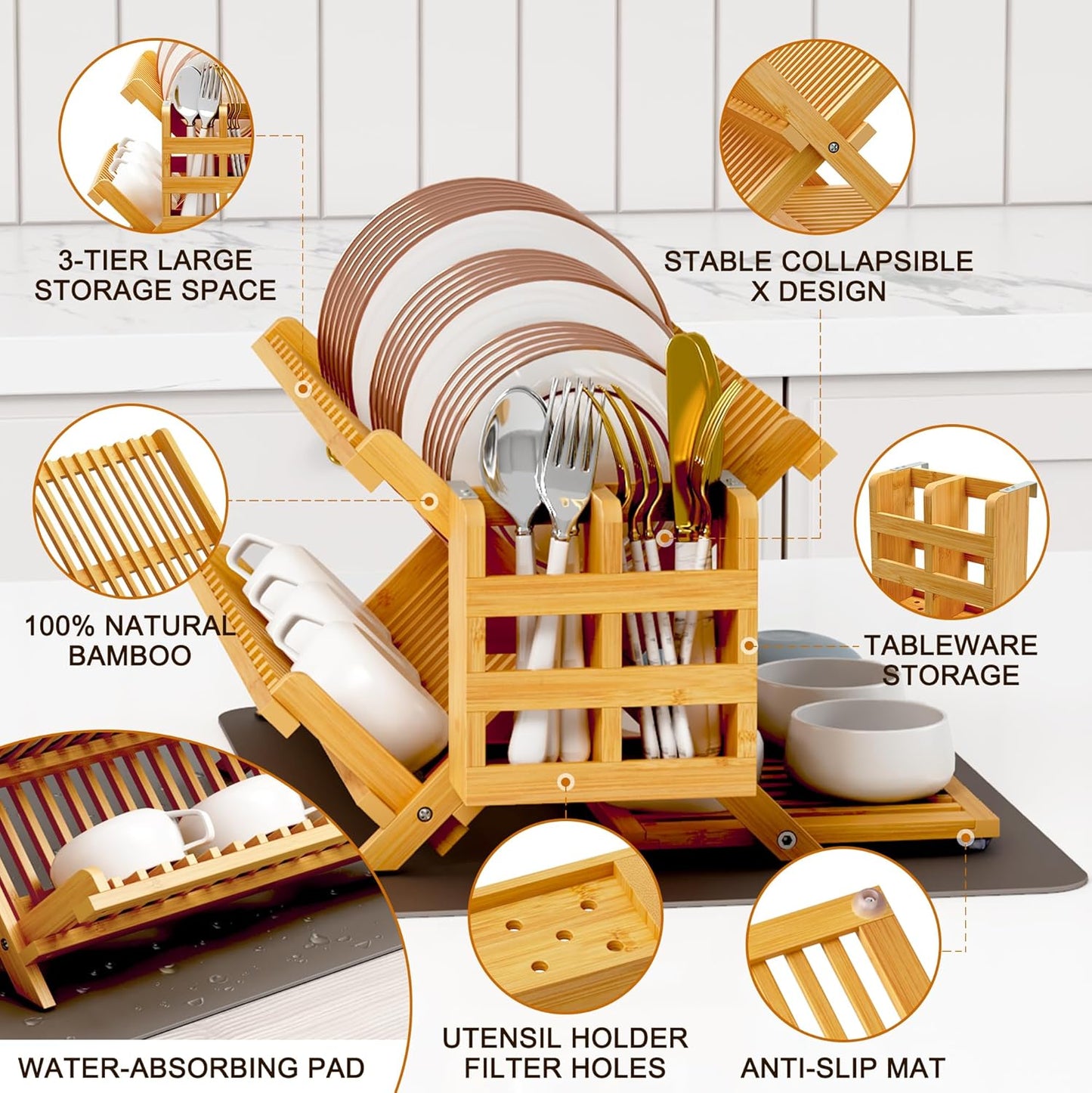 Bamboo Dish Drying Rack with Utensil Holder, 3 Tier Collapsible Dish Rack