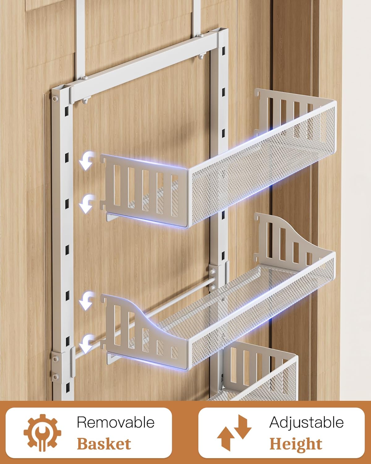 Over the Door Pantry Organizer 8-Tier, Large Metal Door Spice Rack with Adjustable Basket