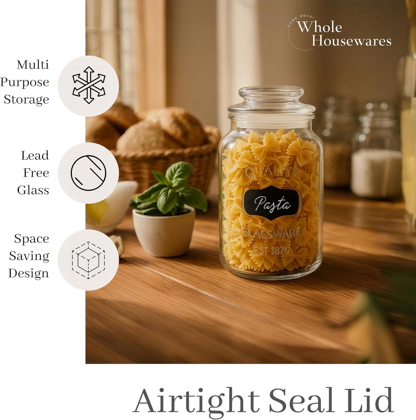 Glass Canisters with Airtight Lids Set of 3 - Glass Storage Jars for Candy, Cookie, Flour, Sugar