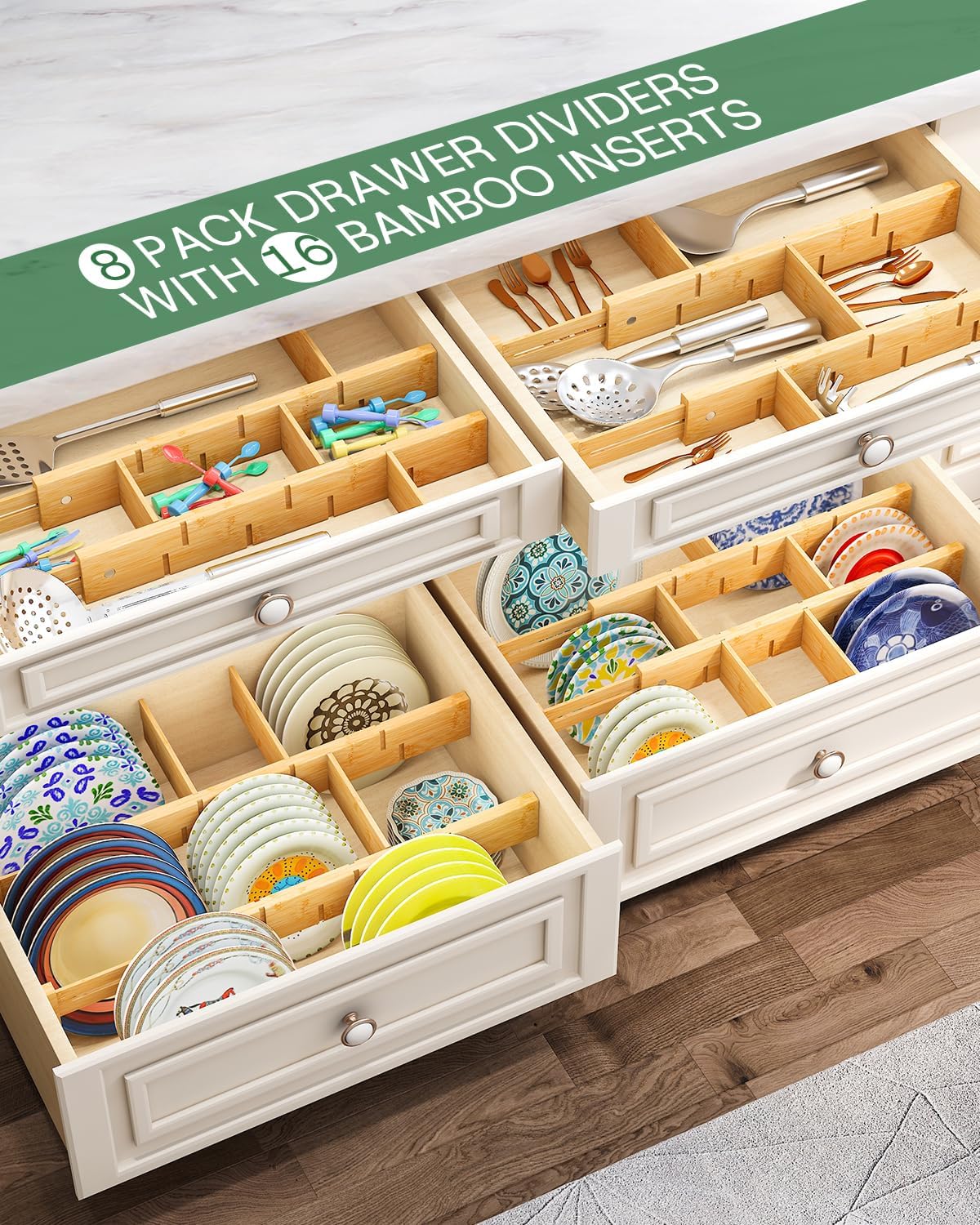 Bamboo Drawer Dividers - Adjustable Drawer Dividers for Clothes, Kitchen