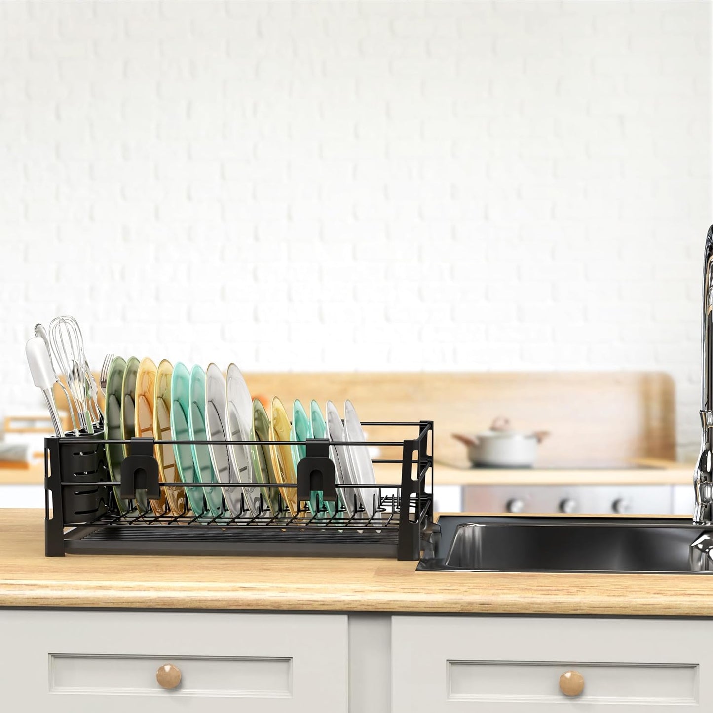 Dish Drying Rack with Drainboard, Utensil Holder & Mug Hooks, Black Metal Kitchen Counter Organizer