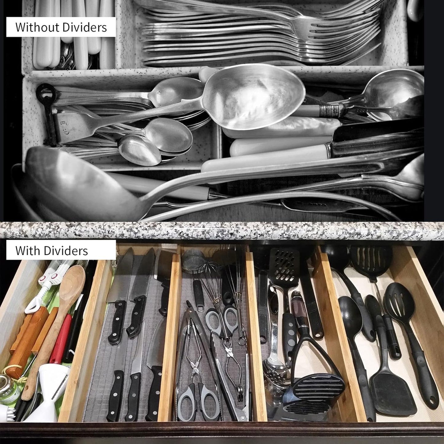 4 pcs Bamboo Kitchen Drawer Dividers Large, Adjustable Drawer Organizers, Spring Loaded
