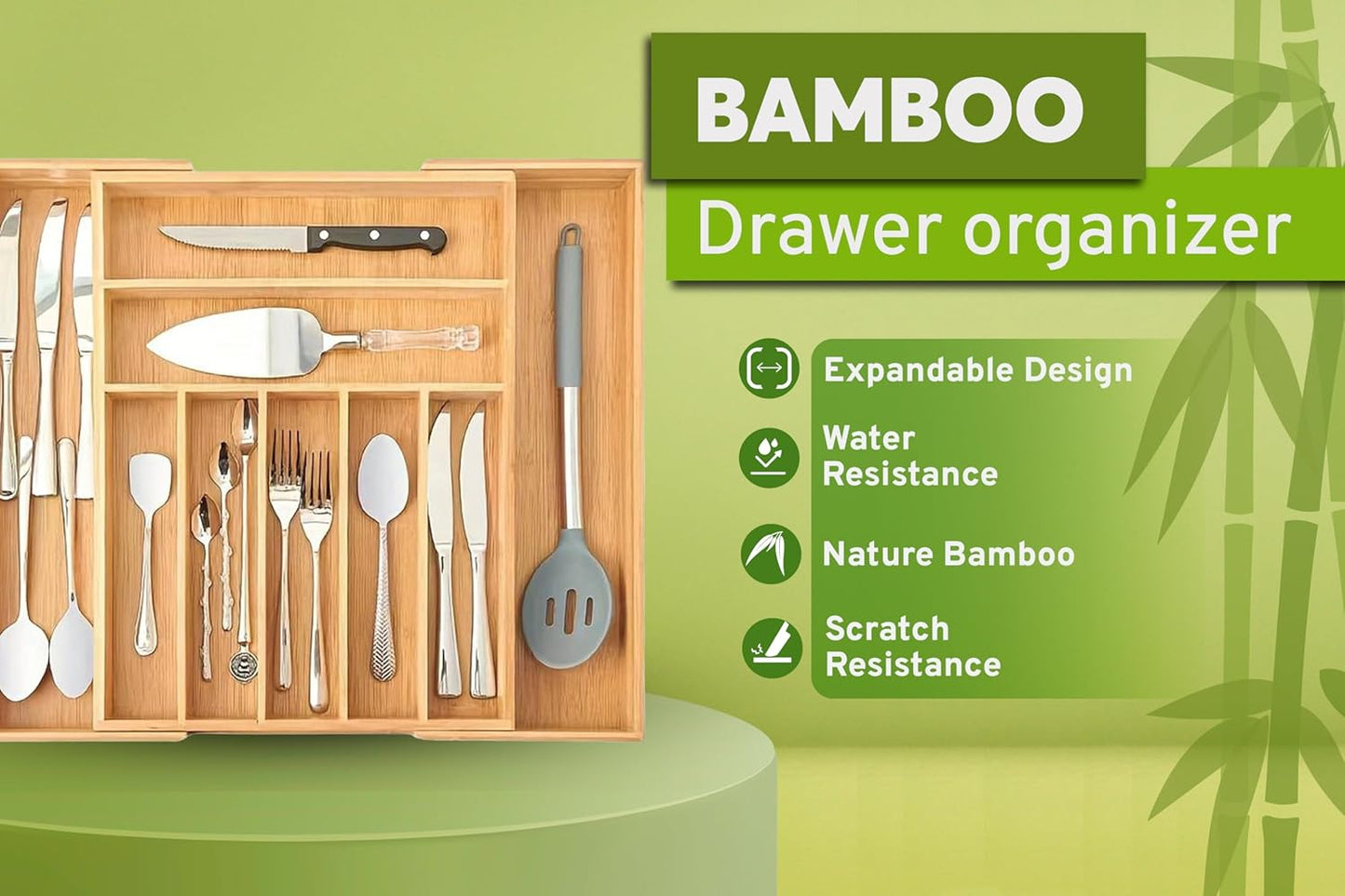 Bamboo Kitchen Drawer Organizer, Expandable Wood Utensil Tray