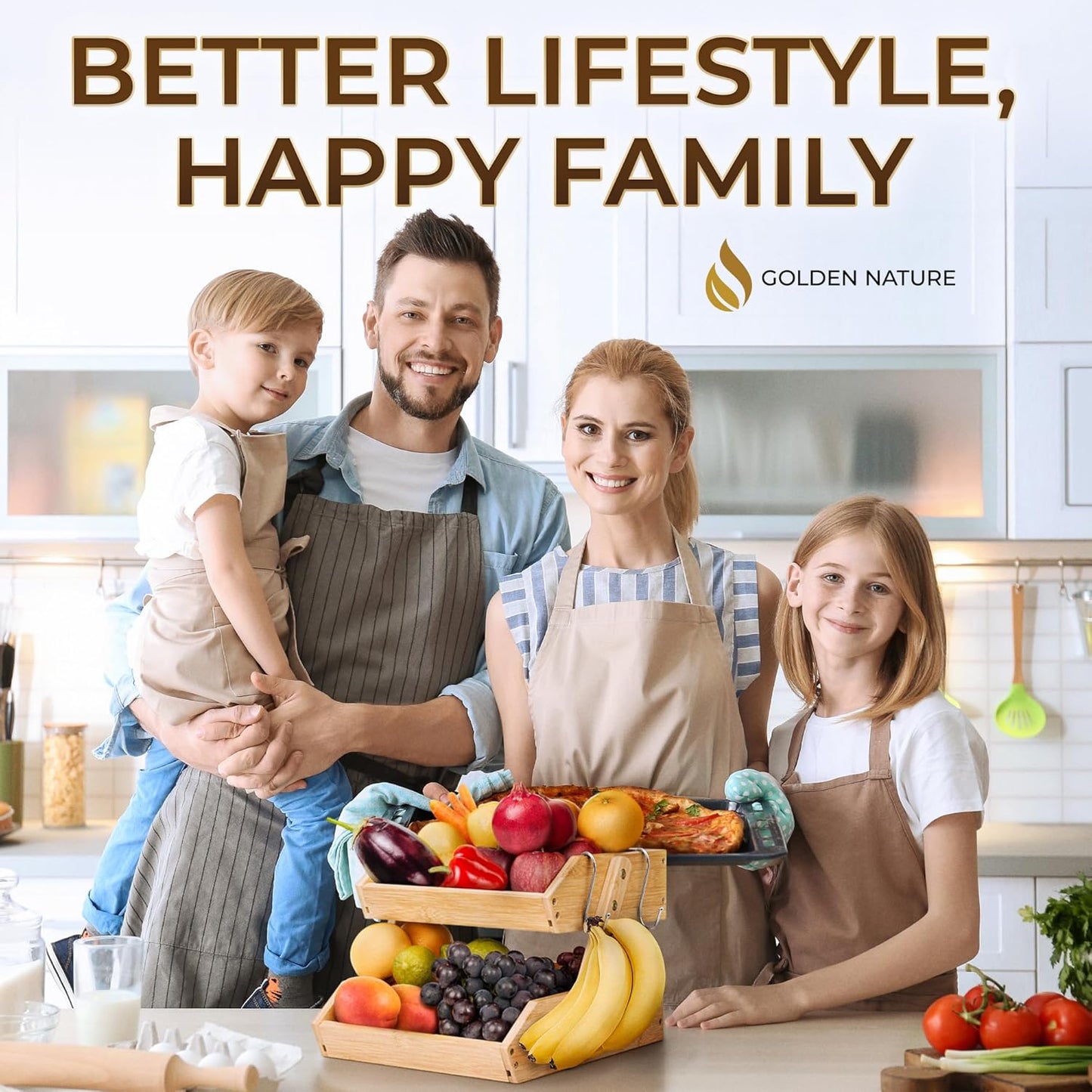 Fruit Basket with Banana Hanger - 2-Tier Bamboo Fruit & Vegetable Storage Organizer for Kitchen Counter - Lightweight & Easy Assembly - Countertop Stand Holder Bowl with Screws