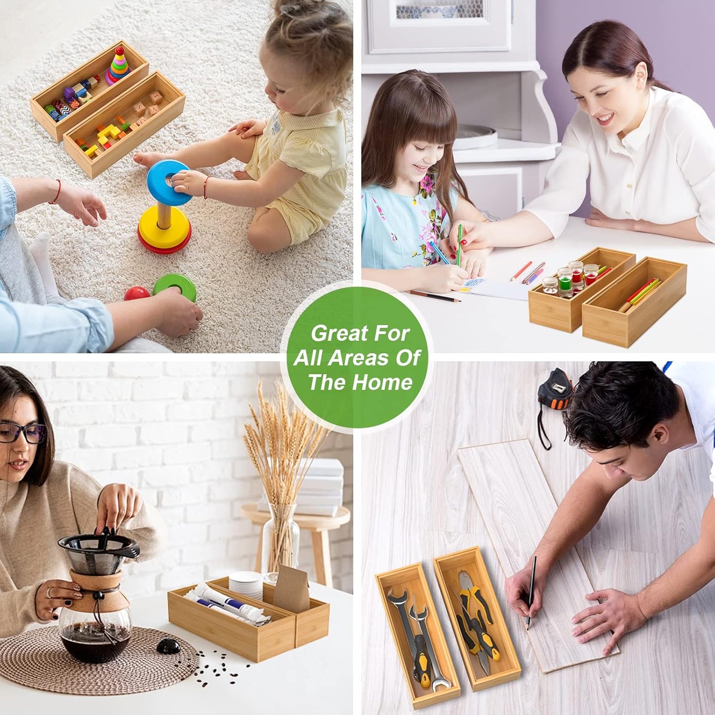 Bamboo Drawer Organizer – Set of 2 Stackable Storage Boxes