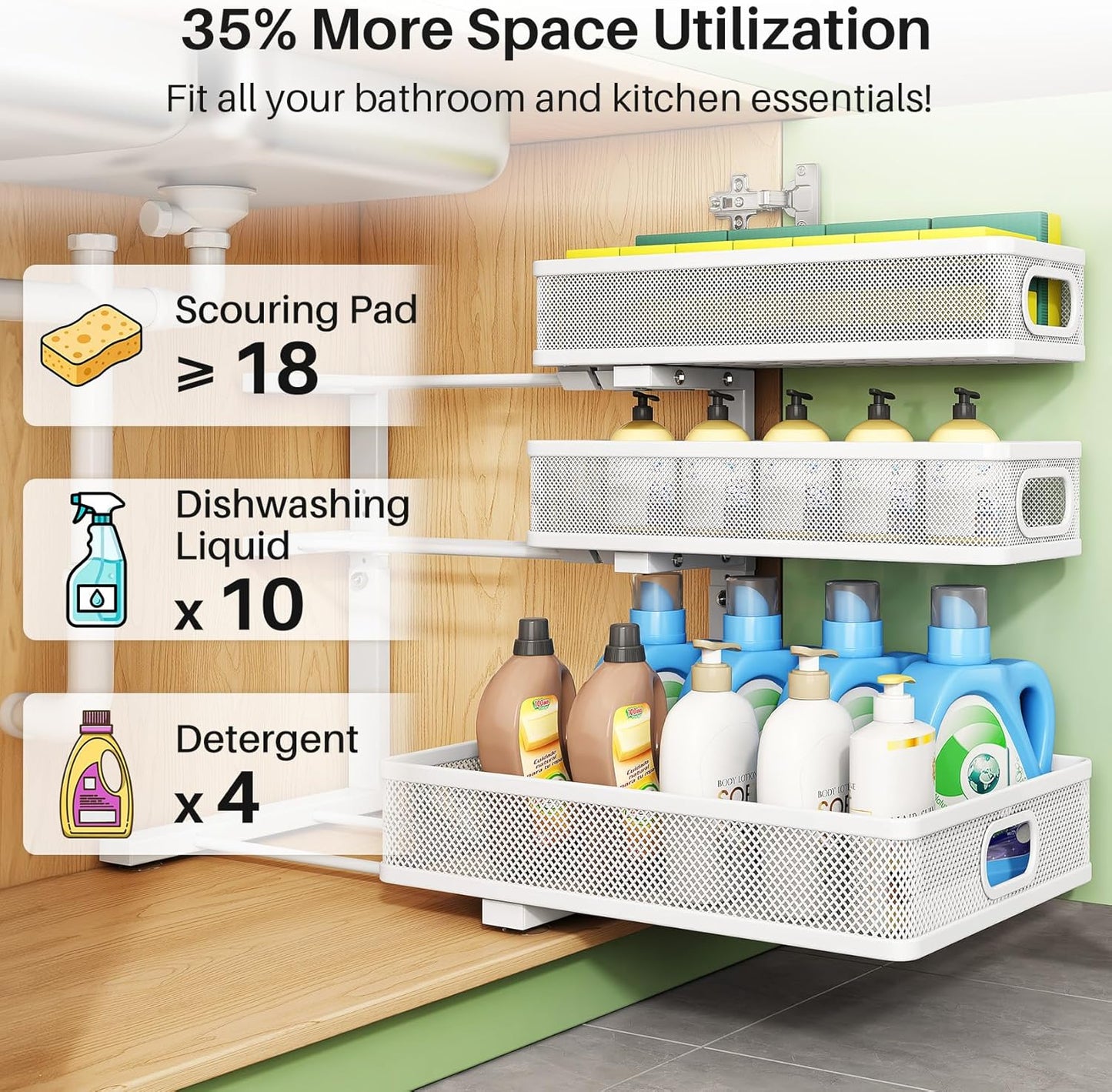 Under Sink Organizer, 2-Pack 3-Tier Height Adjustable Thickened Metal Pull out Cabinet Organizer Shelf, Slide out Storage Drawer Rack for Bathroom Kitchen Pantry Home Laundry Organization