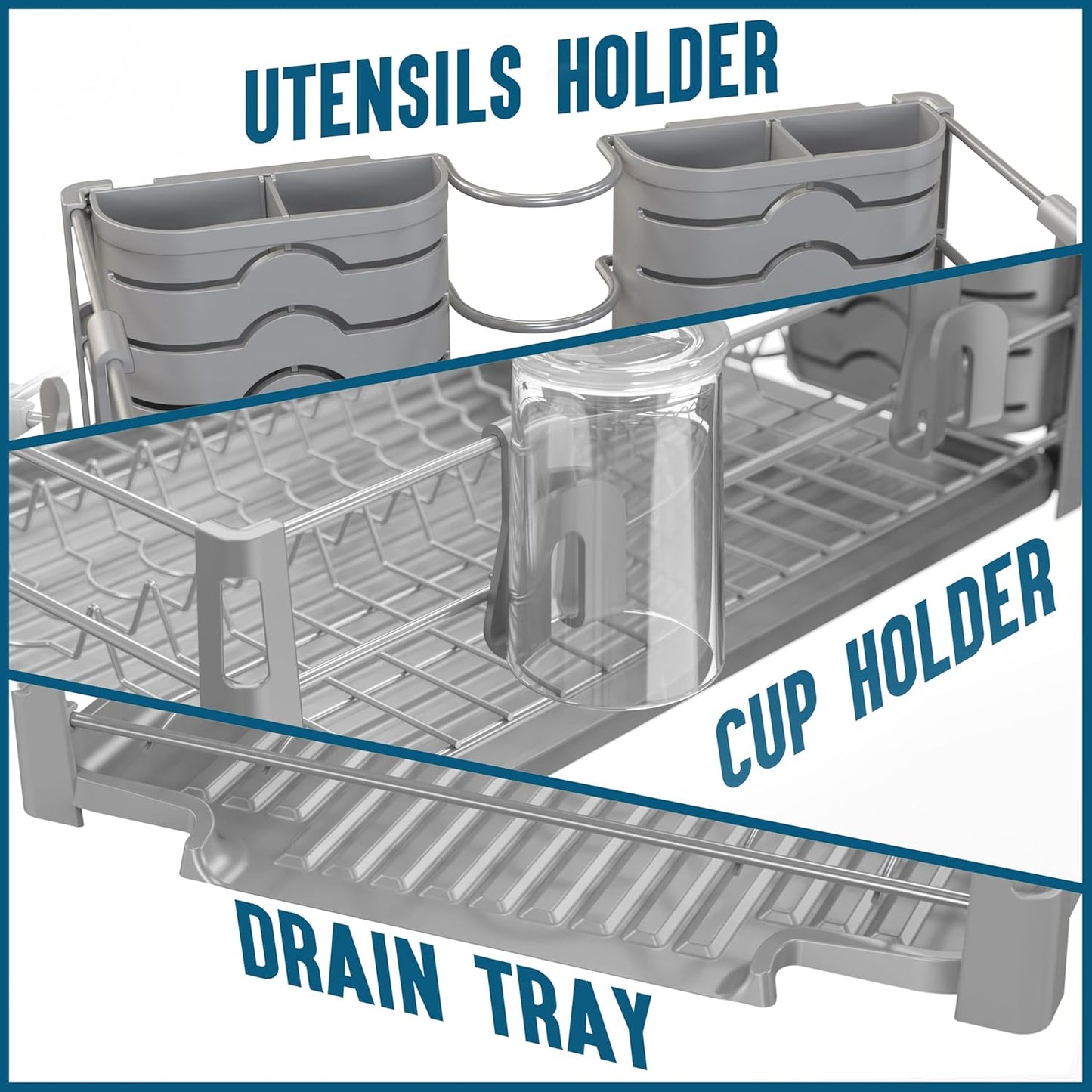 Dish Drying Rack with Drainboard, Utensil Holder & Mug Hooks, Silver Metal Kitchen Counter Organizer