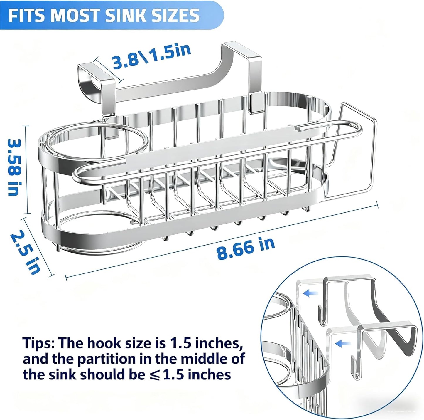 Silver Kitchen Sink Caddy Sponge Holder in The Sink, Stainless Steel Kitchen Organizer