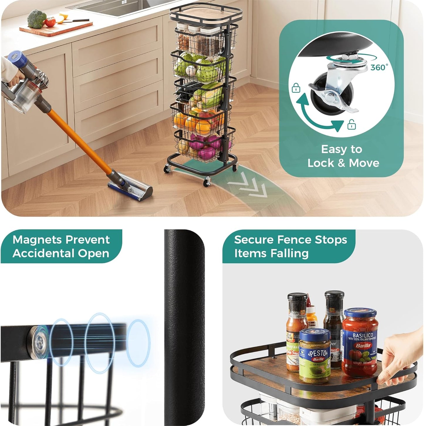 5 Tier Kitchen Fruit Vegetable Storage Cart with One-Piece Rotating Basket