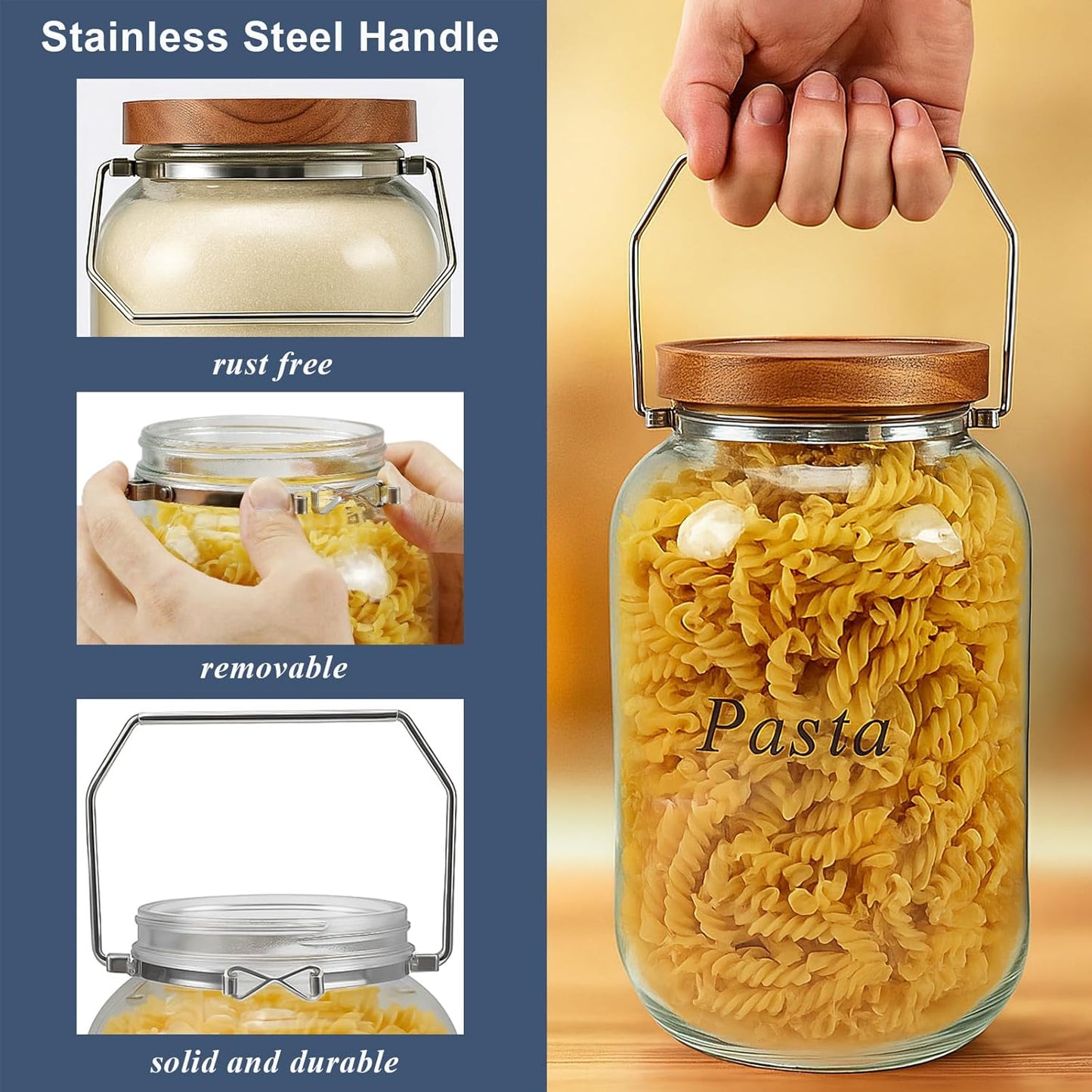 2 Pack Glass Flour Sugar Storage Containers with Handle, 1 Gallon Glass Jars with Airtight Lid