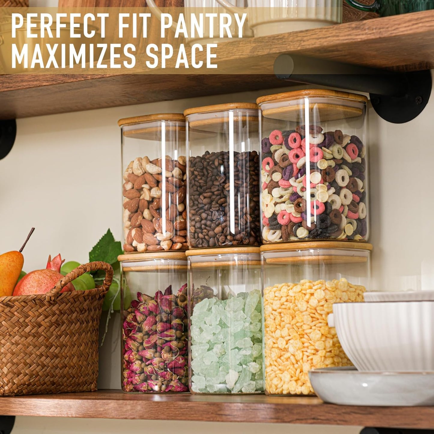 37oz Airtight Glass Square Storage Canister with Bamboo Lid Set of 4 (1100ml) Container Stackable Jar, Kitchen Canister for Pantry Noodles, Flour and Coffee beans (with Black Lable)