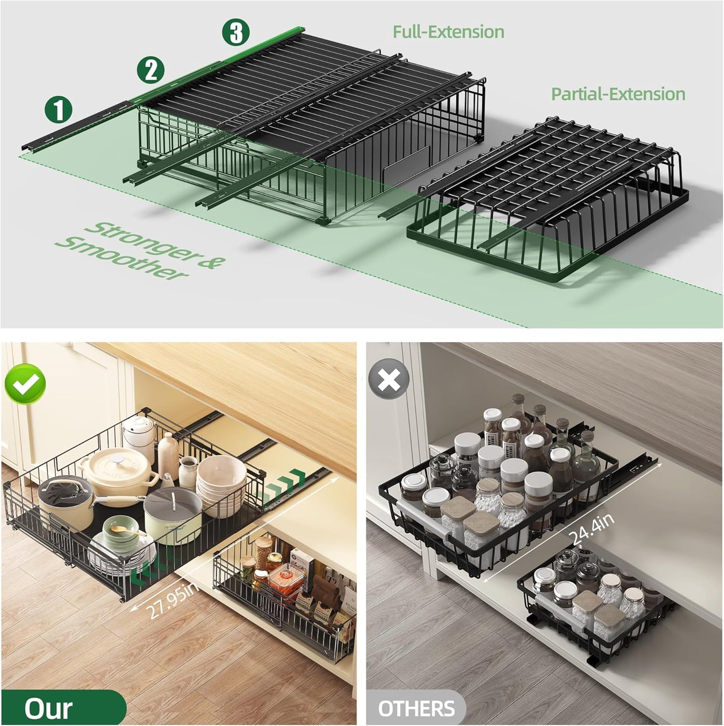 2 Pack Expandable Pull Out Cabinet Organizer, Raised 6.69" guardrail, Adjustable Width 13"-20.07"