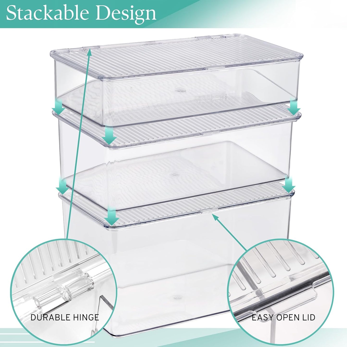 3 Pack Clear Plastic Storage Bins with Lids - Stackable Refrigerator Organizer - Pantry Organizer
