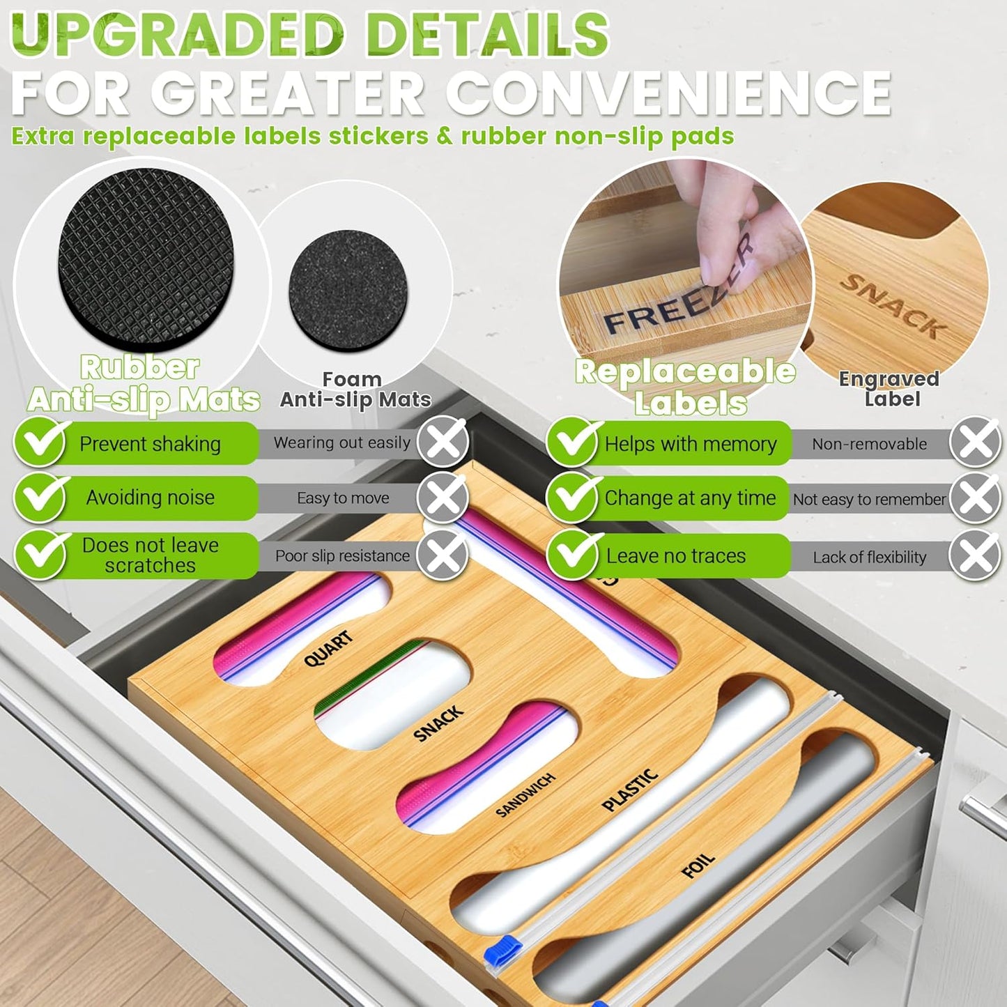 Thicker Bag Storage Organizer, Bamboo Baggie Holder With Aluminum Foil Dispenser