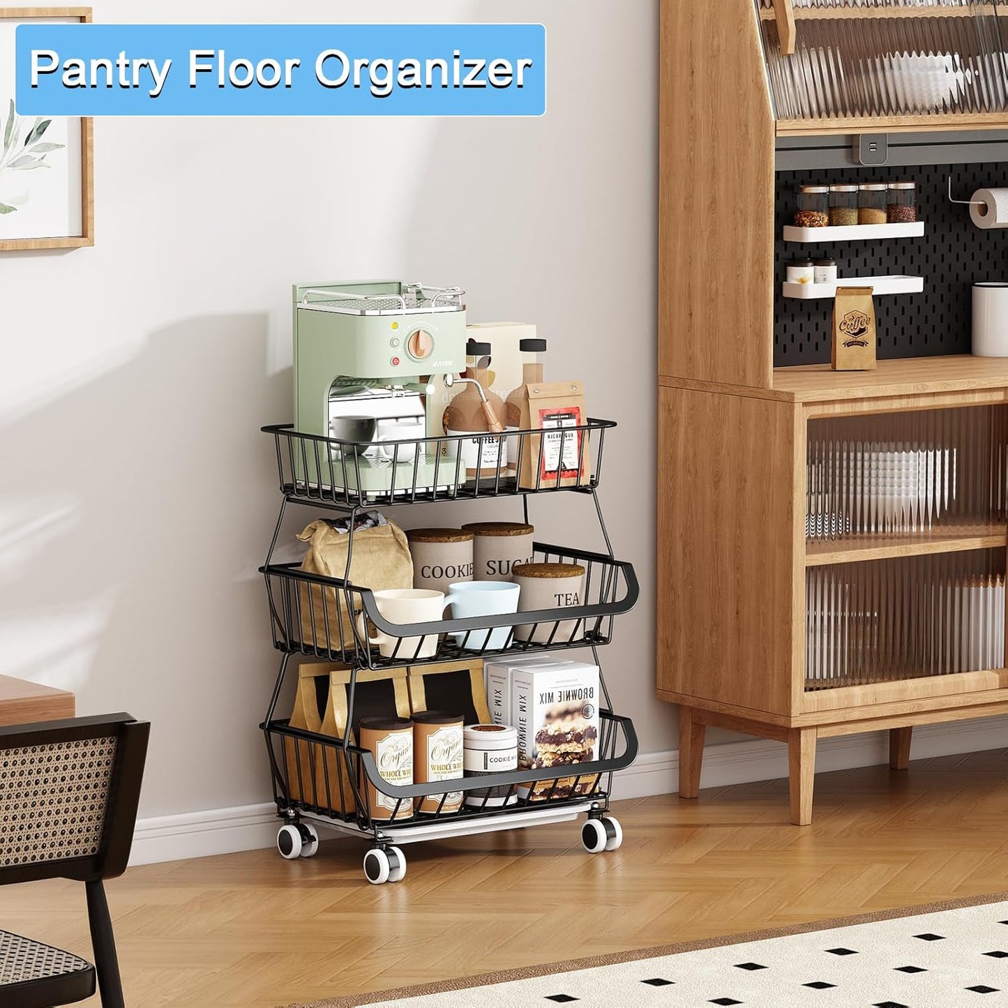 3-Tier Rolling Pantry Floor Organizer, Stackable Pantry Storage Cart with Wheels