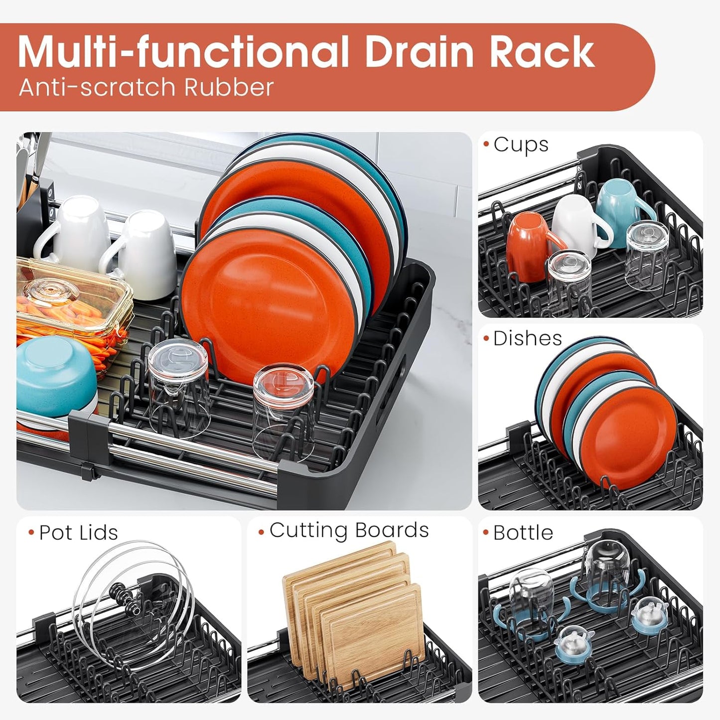 Dish Drying Rack, Expandable Dish Rack for Kitchen Counter, Anti-Rust Dish Drainer