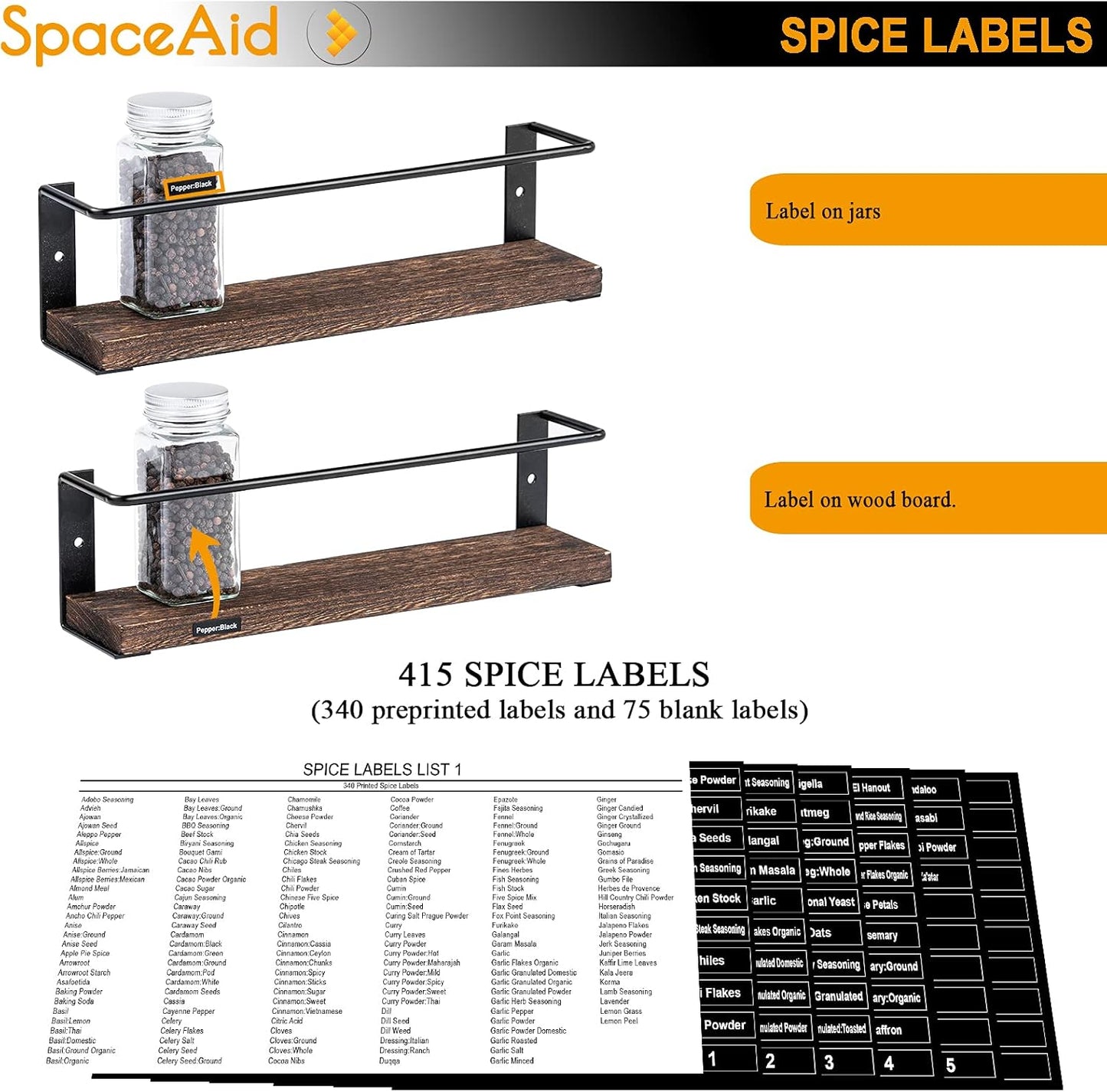 Spice Rack Organizer for Cabinet Door or Wall Mount (4 Pack) with 415 Spice Labels