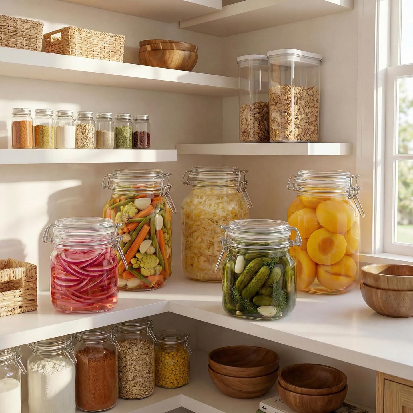 Multi Size - 5 Pack Square Glass Jars with Airtight Lid, Wide Mouth Mason Jars with Clamp Lids