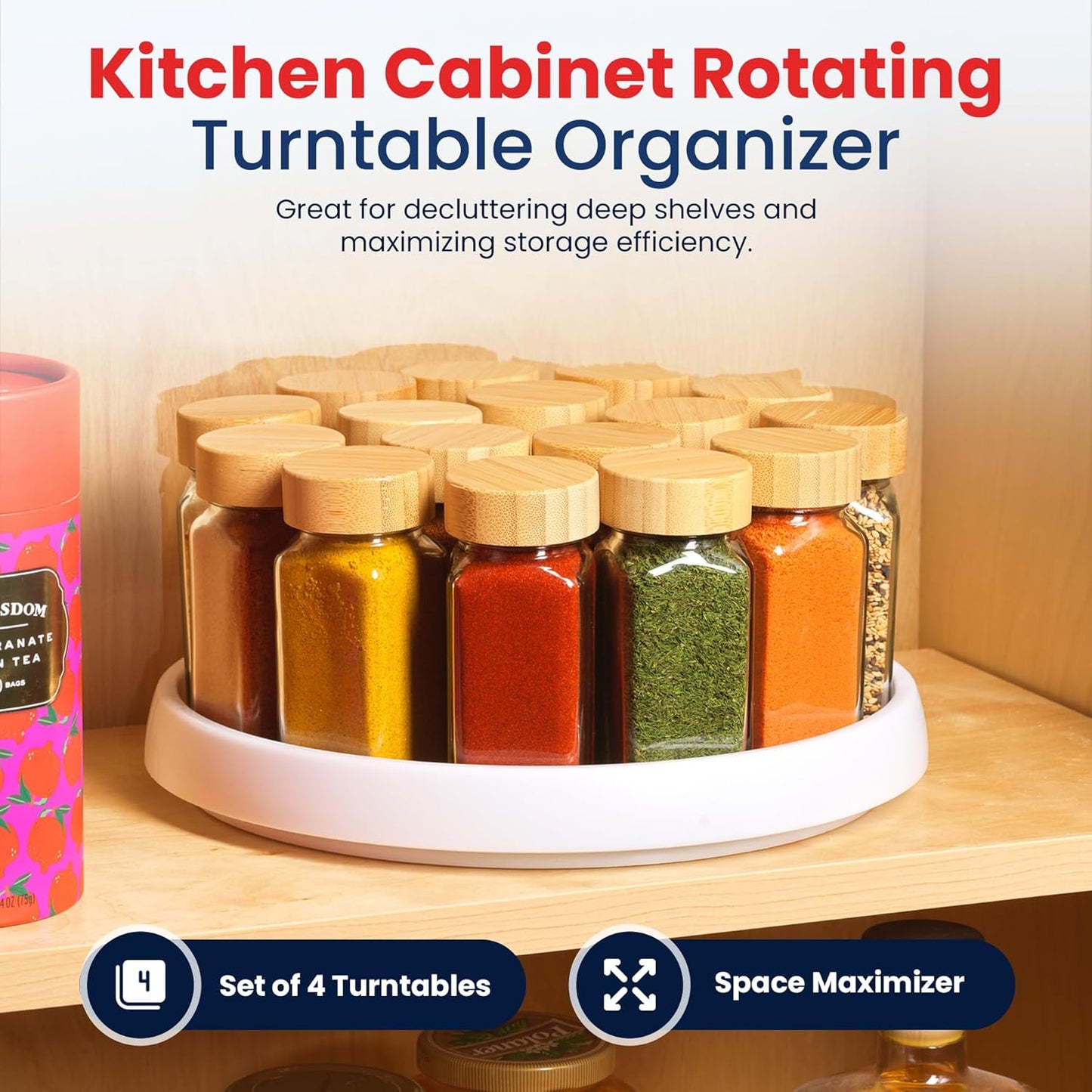Lazy Susan Organizer Set of 4, 10 Inch Non-Skid Turntable for Cabinet, Pantry, Kitchen, Countertop