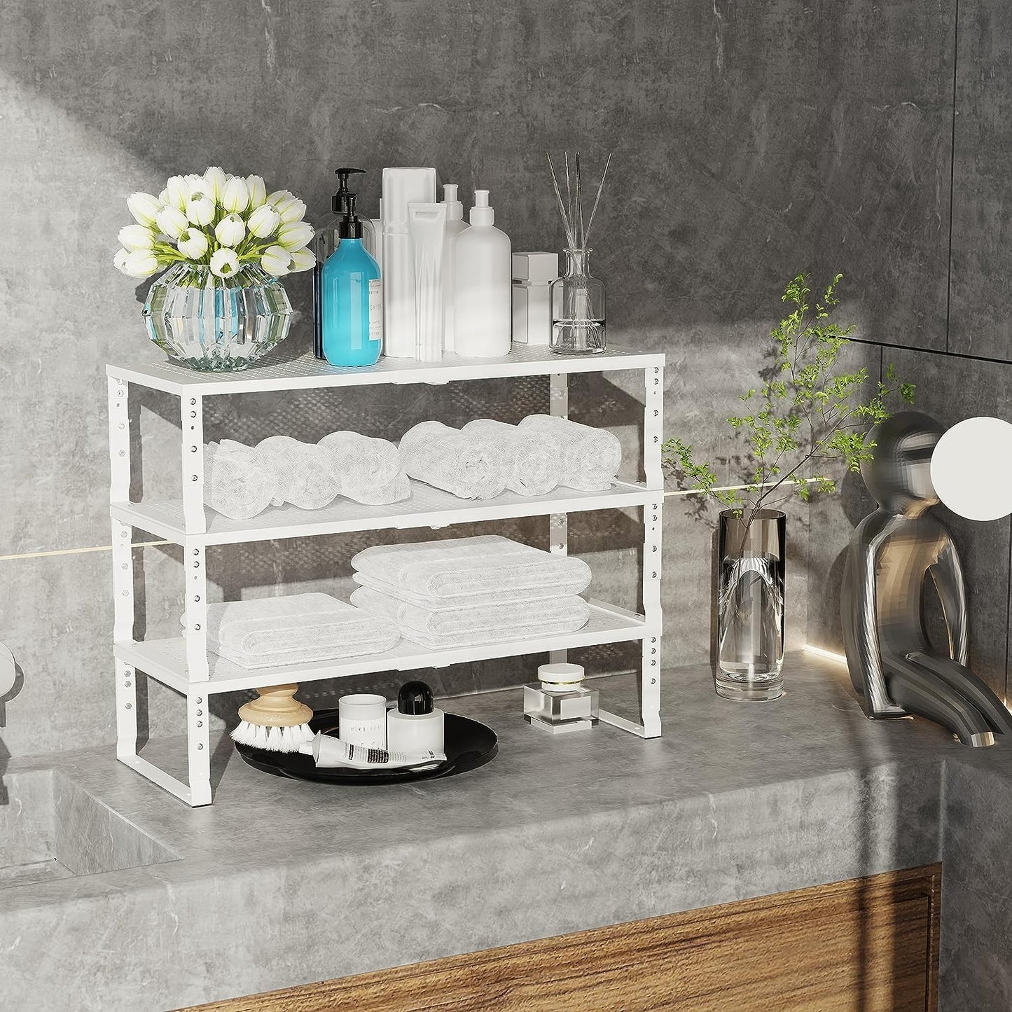 Expandable Cabinet Shelf Organizer Storage Spice Rack Shelves for Kitchen Stackable Adjustable Pantry Cupboard Bathroom Countertop Desktop(1Pack/White/Medium-with Hole)