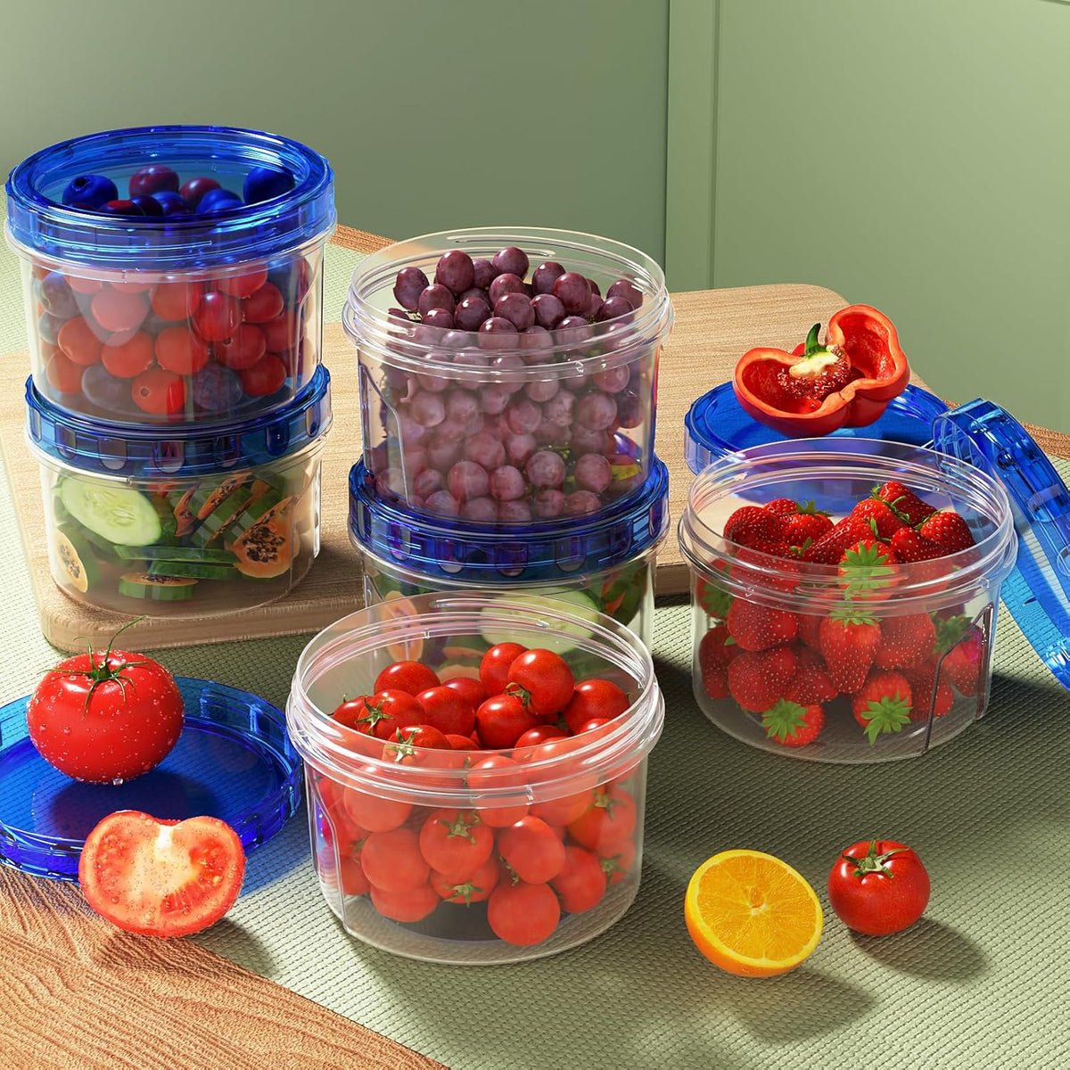 HOMETALL Twist-Lid Freezer Pots, 6 Round 16 oz Containers in Clear Polypropylene with Blue Screw Tops